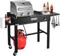 All-in-One Outdoor Grill Table with Built-in 2-Burner Propane Grill – Portable Stainless Steel Cooking Station with Storage, Hooks & Lockable Wheels for Camping, Tailgating, Backyard BBQ