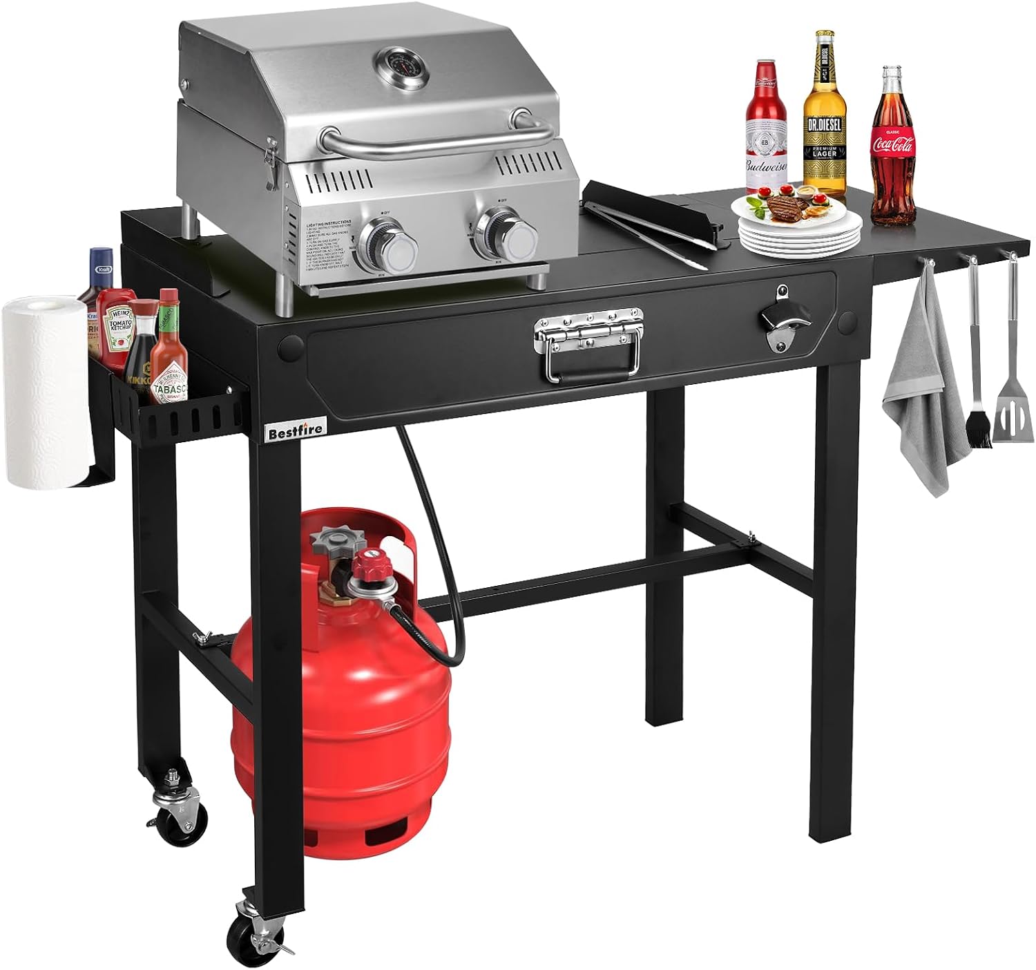All-in-One Outdoor Grill Table with Built-in 2-Burner Propane Grill – Portable Stainless Steel Cooking Station with Storage, Hooks & Lockable Wheels for Camping, Tailgating, Backyard BBQ