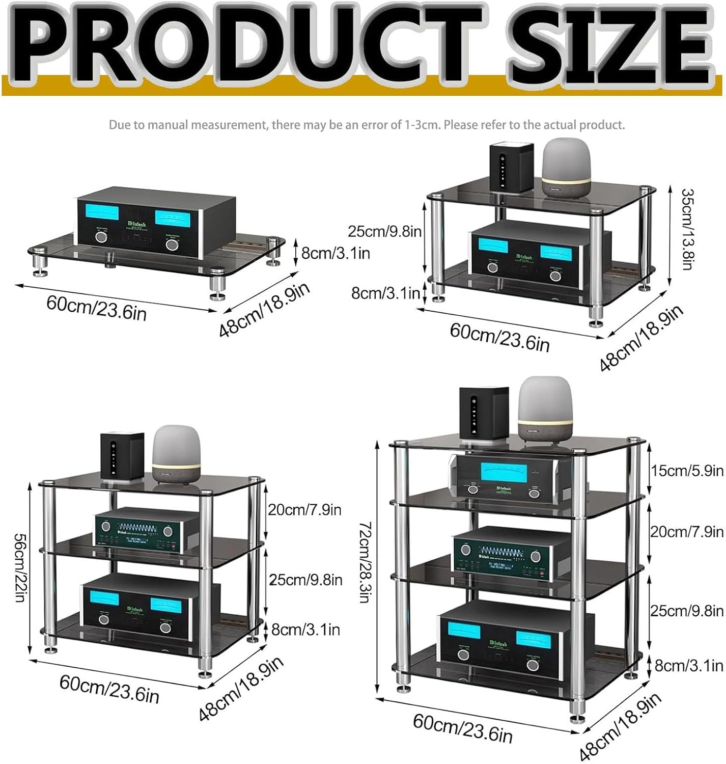 1/2/3/4-Tier Stereo Rack AV Media Stand with Tempered Glass Shelves, Audio Rack Tower AV Equipment Cabinet CD Record Player Stereo Receiver Display Stand(Amber Glass,2 Tier)