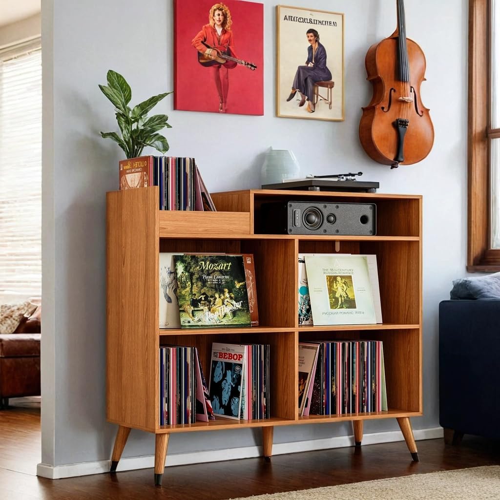 DIYART 3 Tier Large Record Player Stand with Power Outlet, Vinyl Record Storage Table Holds Up to 500 Albums, Mid-Century Turntable Stand, Brown