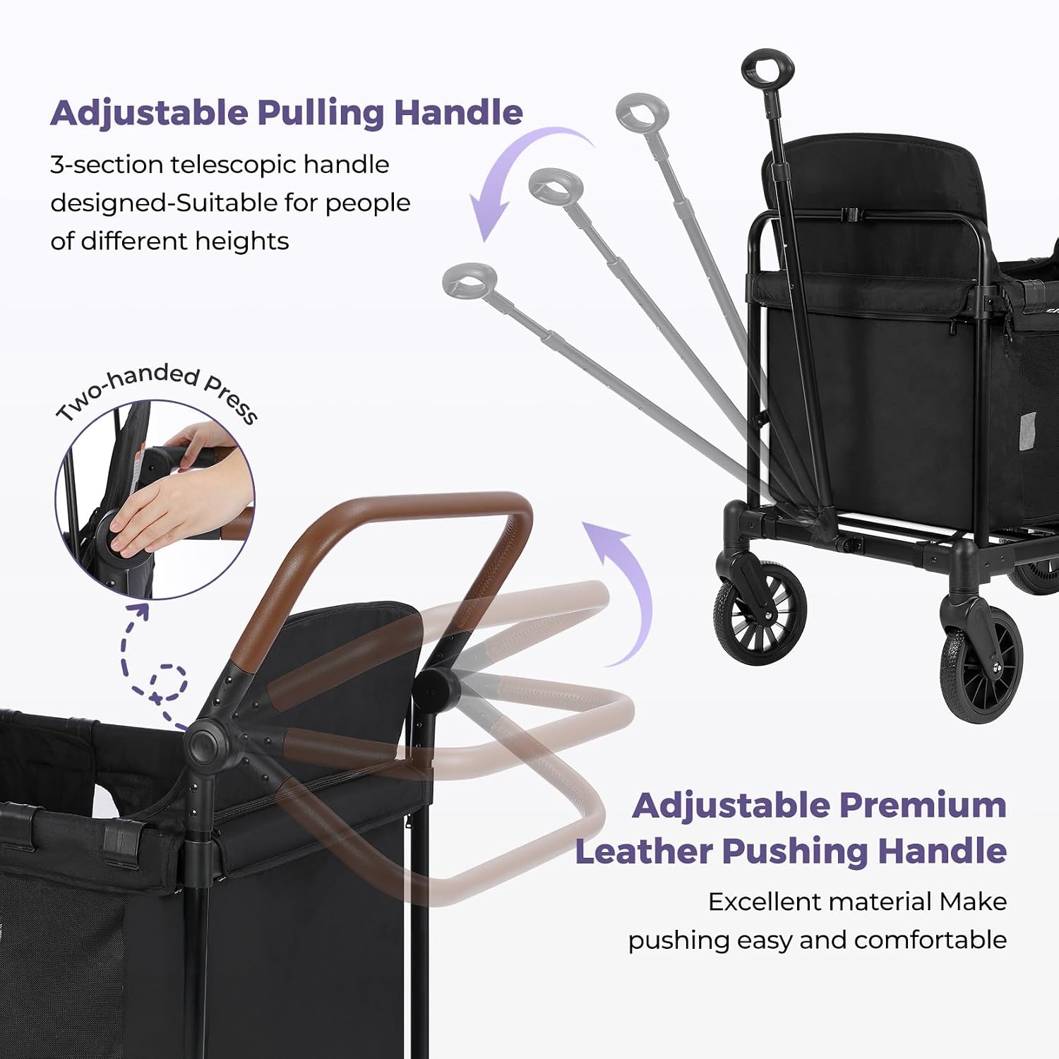 ELEMARA Wagon Stroller 4 Seater, Premium Stroller Wagon for 4 Kids, Foldable All-Terrain Wagon for Kids with Canopy, Adjustable Push/Pull Handles,Convertible High Seat&Organizer, Black