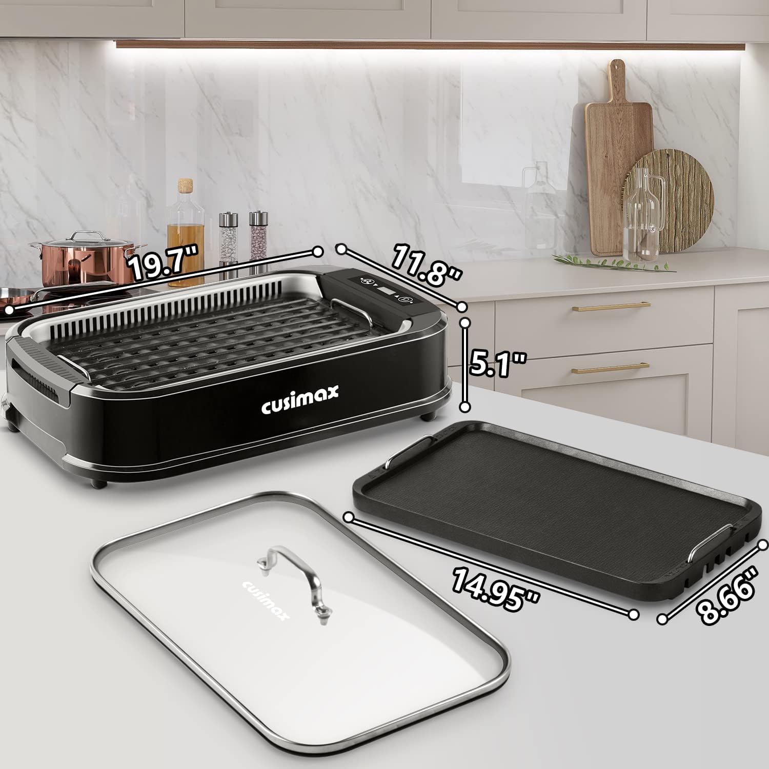 CUSIMAX Indoor Grill, Electric Smokeless Grill, 1500W Korean BBQ Grill, Electric Griddle with LED Smart Display & Tempered Glass Lid, Non-stick Removable Plate & Griddle Plate, Black