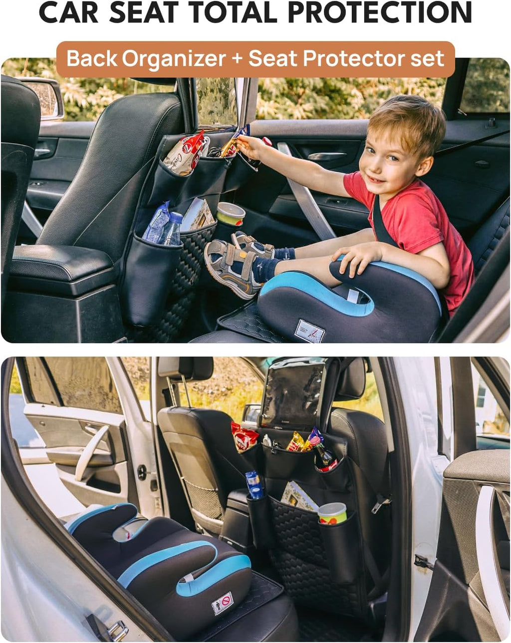 Owleys Set Seat Back Organizer & Car Seat Protector Hexy Waterproof & Non-Slip Protector for Child Car Cushion for Leather and Fabric Seats (Black Set 1)