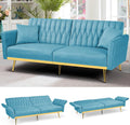 70' Velvet Futon Sofa Bed with 2 Pillows and Adjustable Armrests, Convertible Sleeper Bed W/Adjustable Backrests, Modern Loveseat for Living Room, Bedroom, Baby Blue