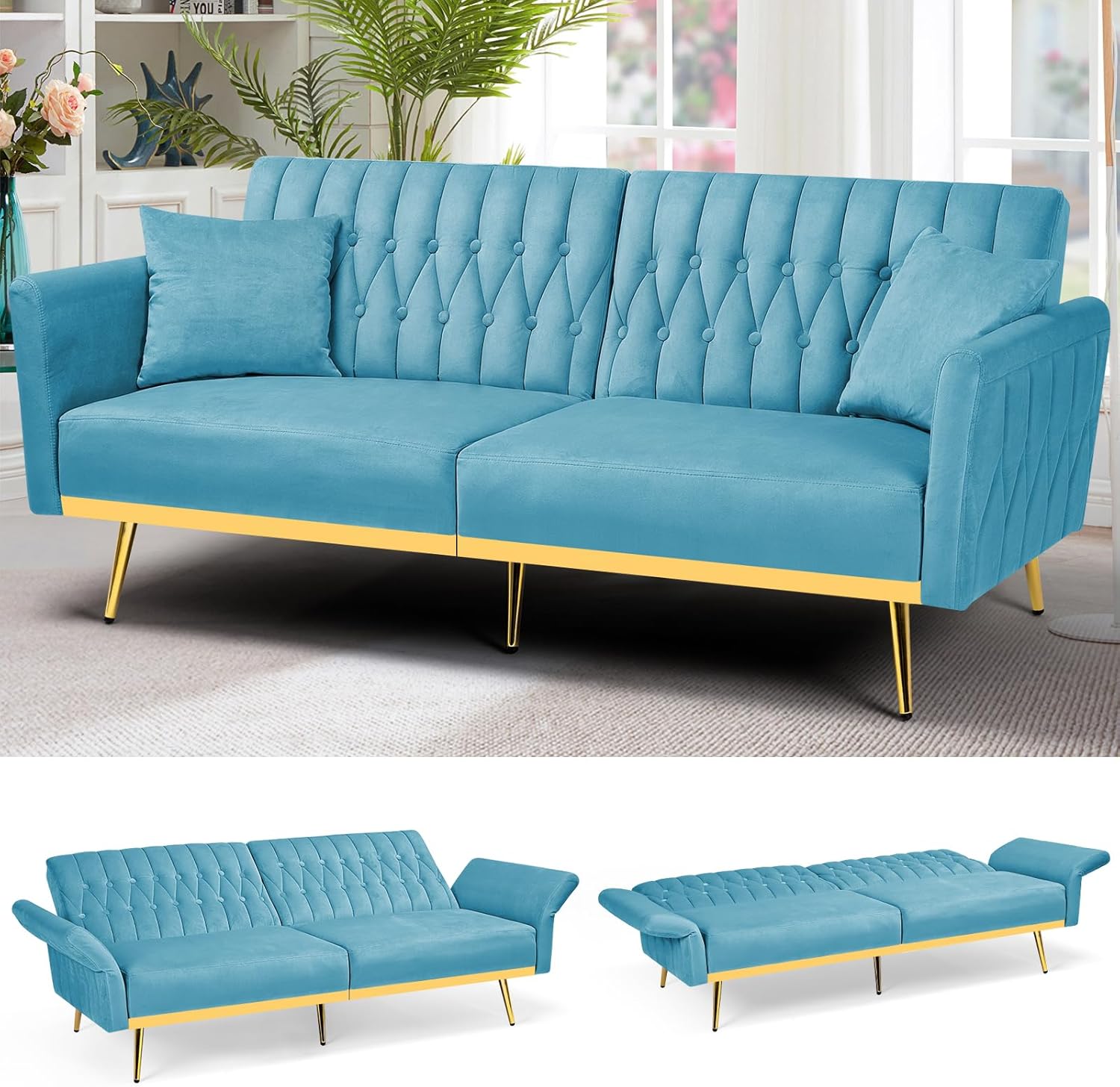 70' Velvet Futon Sofa Bed with 2 Pillows and Adjustable Armrests, Convertible Sleeper Bed W/Adjustable Backrests, Modern Loveseat for Living Room, Bedroom, Baby Blue