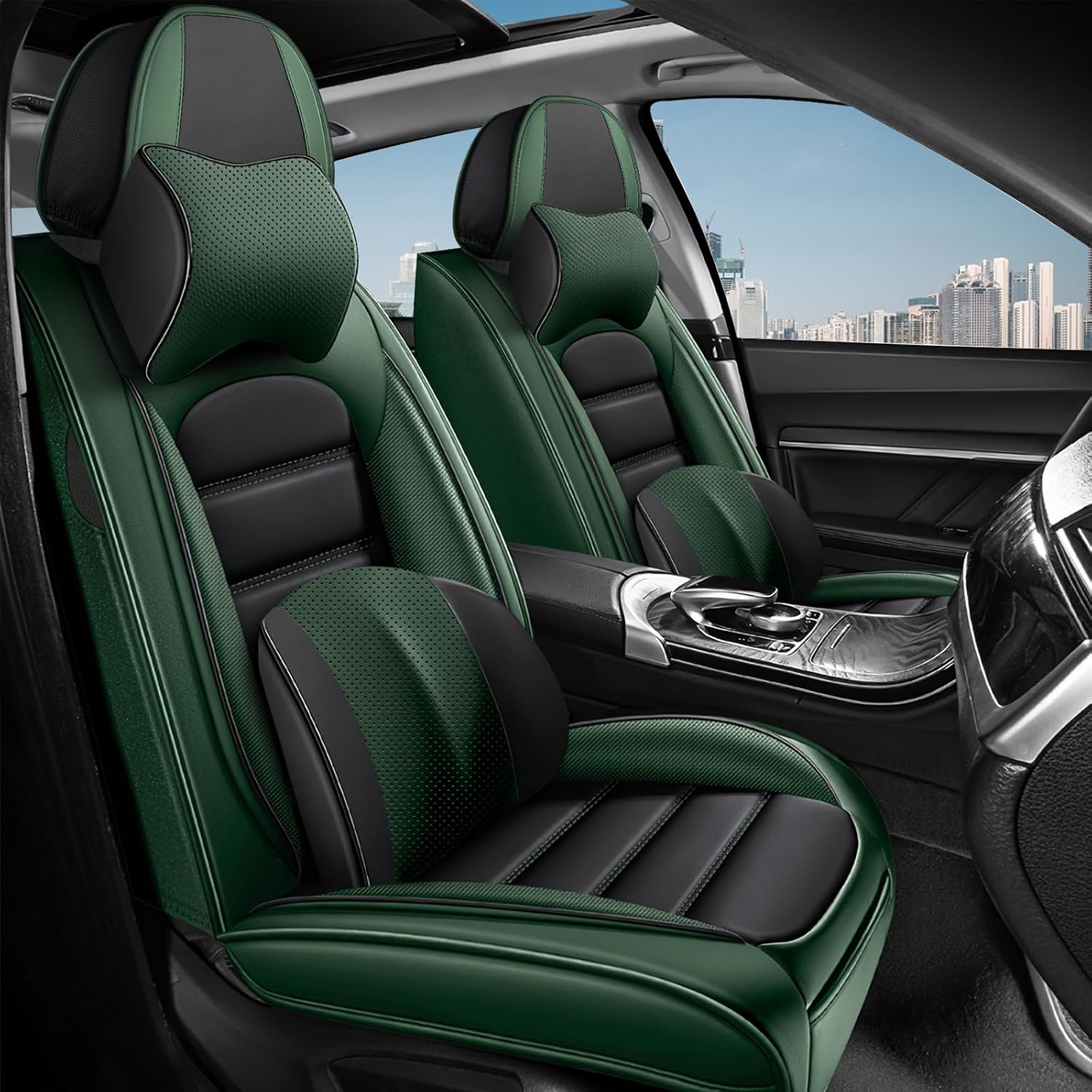 2 Car Seat Covers for Subaru Outback 2000-2026 Breathable Leather,Waterproof Car Seat Protectors with Comfort Headrest Pillows,Automotive Vehicle Cushion with Storage Pockets (Luxury,Green)