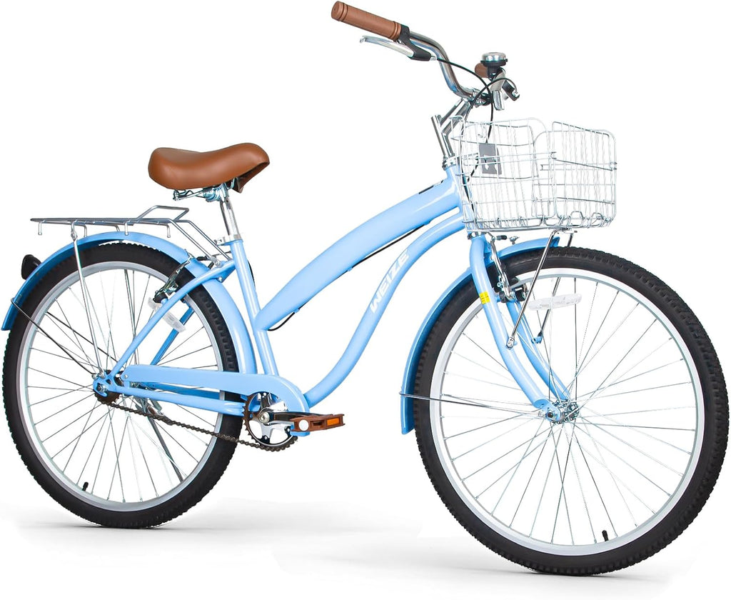 WEIZE Beach Cruiser Bike, 24 & 26 inch Commuter Bicycle for Adult Men and Women,High-Carbon Steel/Front & Rear Fenders, Comfortable City Bikes with Rear Rack or Basket, Ergonomic Upright Design