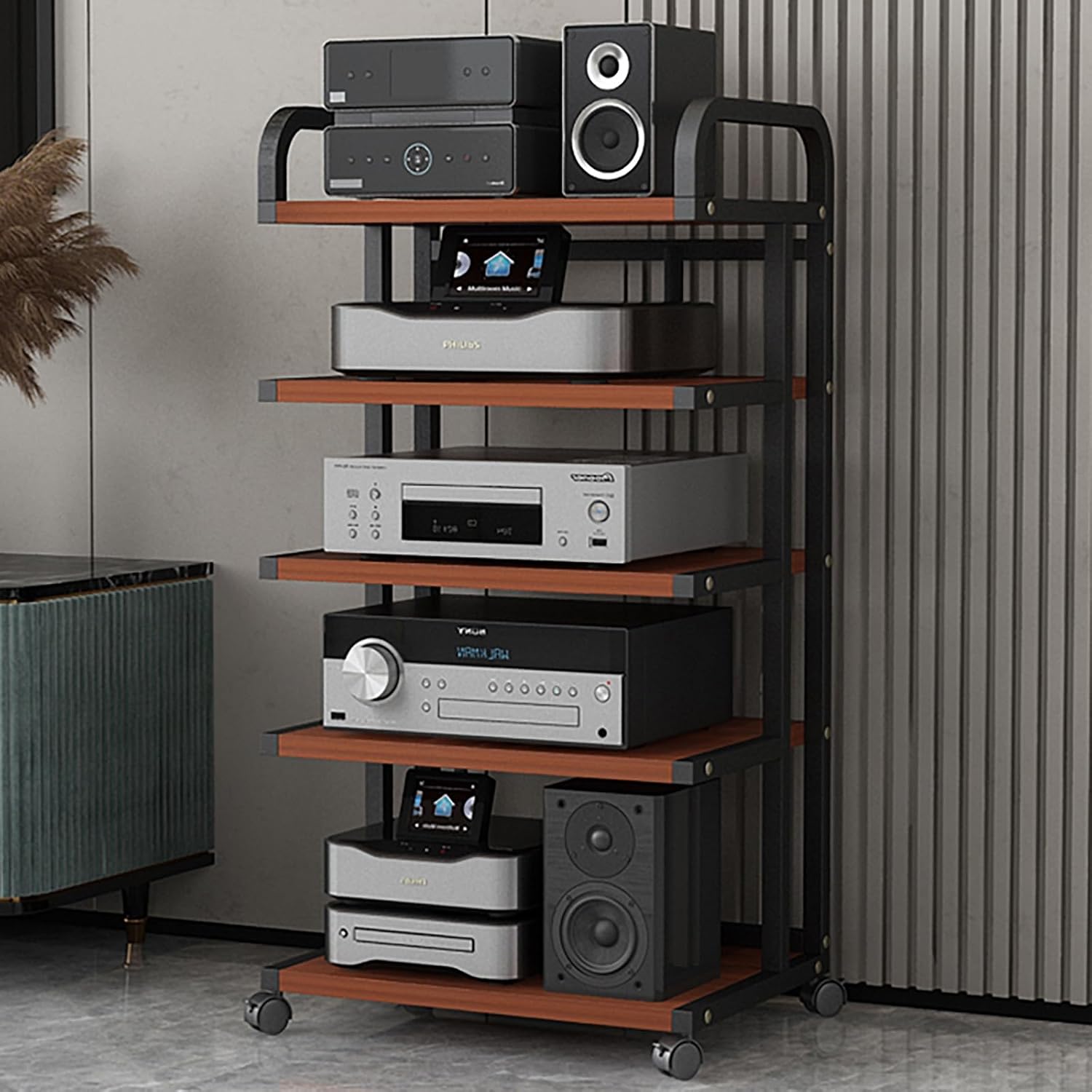 Multimedia HiFi Equipment Stand with Wheels, 5-Tier Audio Storage Rack, Carbon Steel Support for Stereo Components, Perfect for Living Room & Bedroom (H106CM/42.5Inch)
