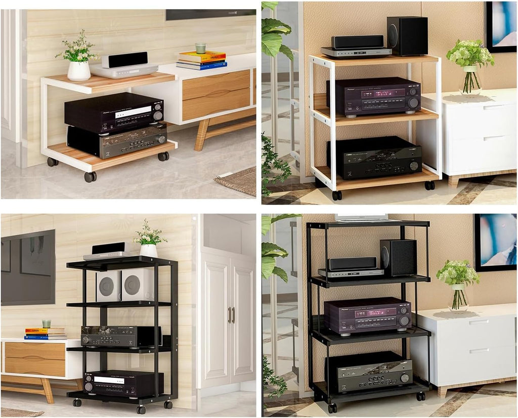 Wooden Display Cabinet with Wheels, Media Stand & Audio Rack, Corner Shelf with Storage Shelves for Game Consoles & TV Accessories, Stereo Rack Tower for Recording Room.