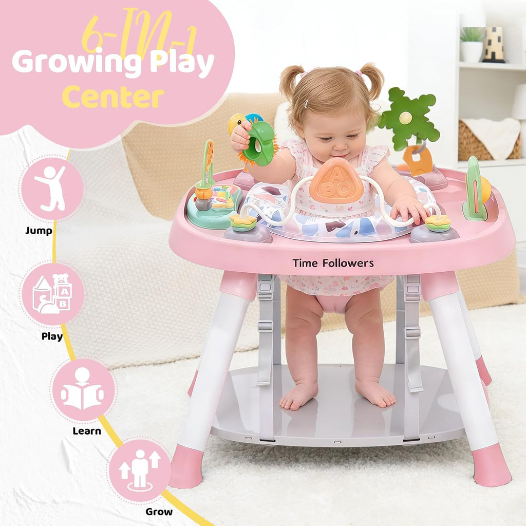 Time Followers® 6-in-1 Baby Activity Center | 4 Stage Montessori-Inspired Toys | Grow Stationary Standing Toddler Table | Jumpers & Bouncers | Must Have for Boy & Girl 6, 12, 24+ Month Old (Pink)