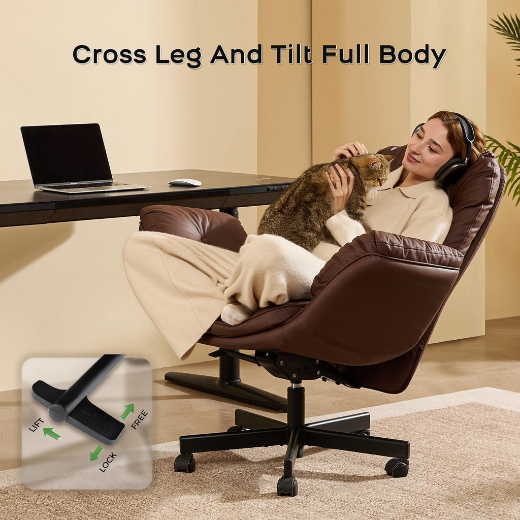amseatec Criss Cross Chair with Armrests & Wheels for Cross-Legged Sitting, Comfortable Adjustable Swivel Office Desk Chair –PU Leather Vanity Chair for Home, Makeup and Bedroom (Brown)