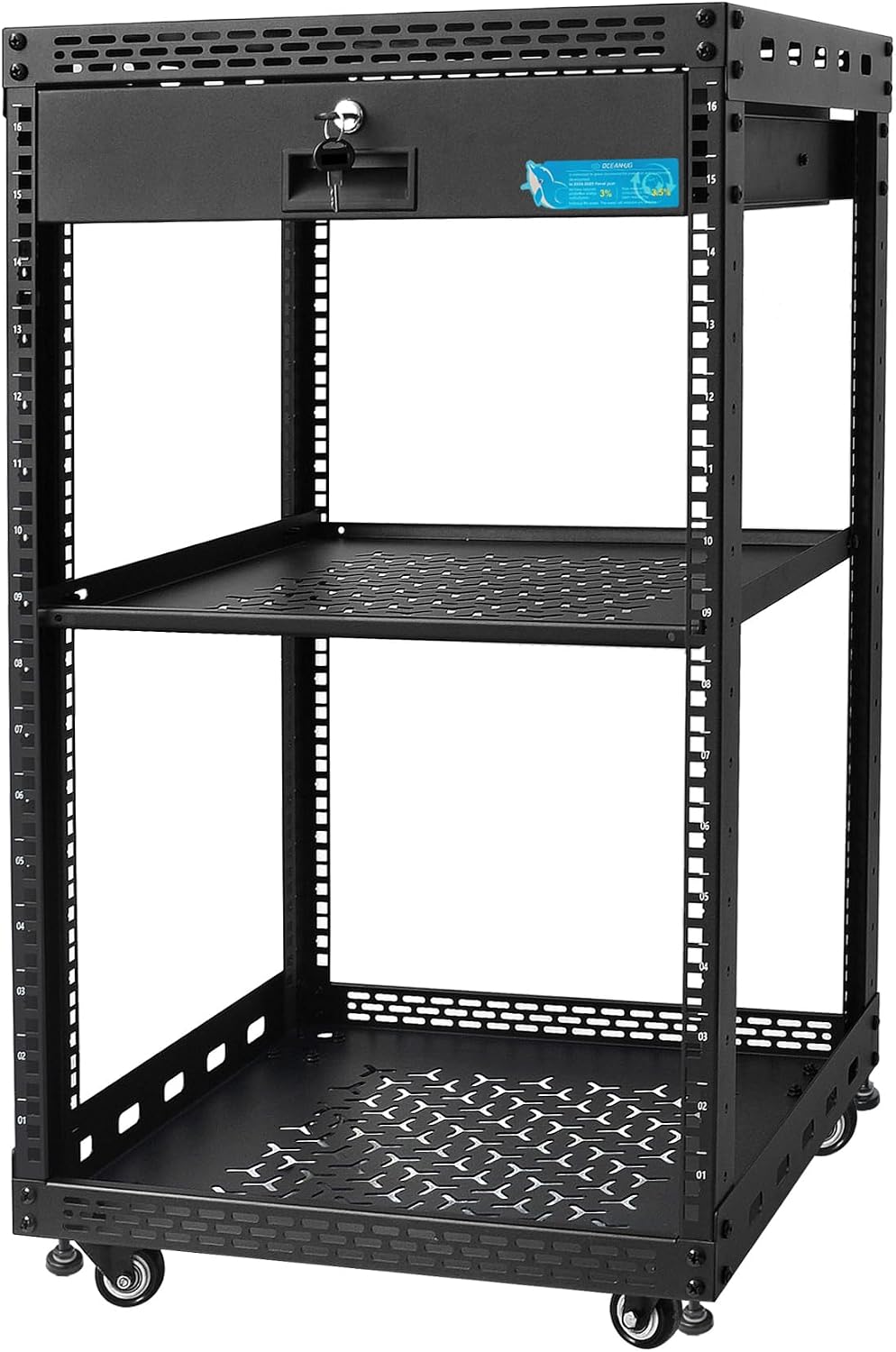 16U Server Rack Cabinet with Drawer & Full Size Rack Shelf - Integrated Top/Bottom Panels, 4 Rolling Wheels for 19' Equipment & Home Lab Studio