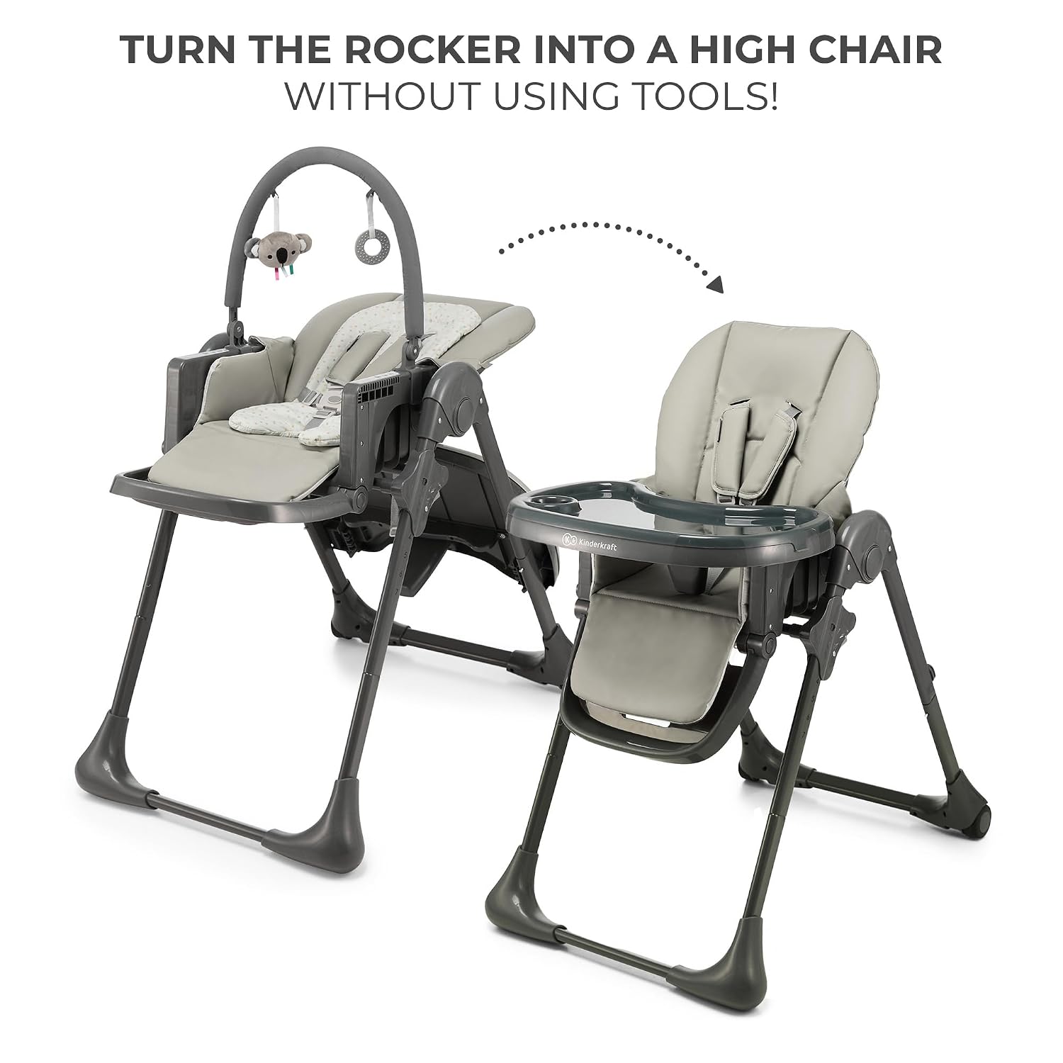 Kinderkraft Tummie, 2-in-1 high Chair, Baby Chair, Ergonomic, Comfortable, Reclining, Foldable, with Ajustable Height, Footrest, Detachable Tray, for Toddler, with Toys, Gray