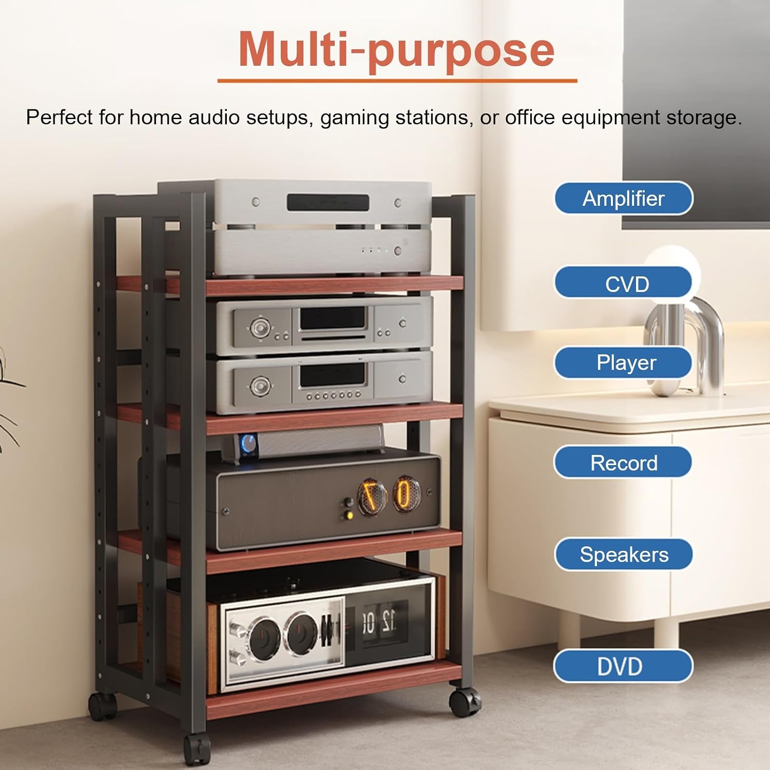 WDJBPSH 3-Tier Audio Equipment Rack, Adjustable Media Stand with Rolling Wheels & Heavy-Duty Shelves for Amplifiers, Receivers, Turntables Storage(40cm/15.7in)