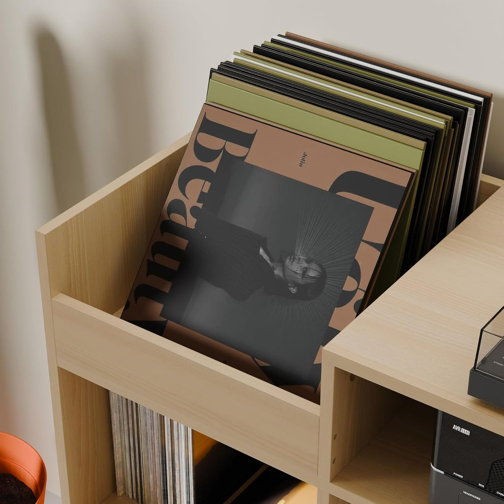 Cozy Castle Large Record Player Stand with Vinyl Storage Cabinet, Wood Turntable Table Open Shelf Holder Up to 500 Albums Cube Storage Organizer for Living Room, Office, Oak