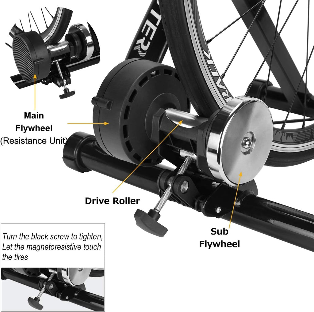 Bike Trainer, Magnetic Bicycle Stationary Stand for Indoor Exercise Riding, 26-29' & 700C Wheels, Quick Release Skewer & Front Wheel Riser Block Included