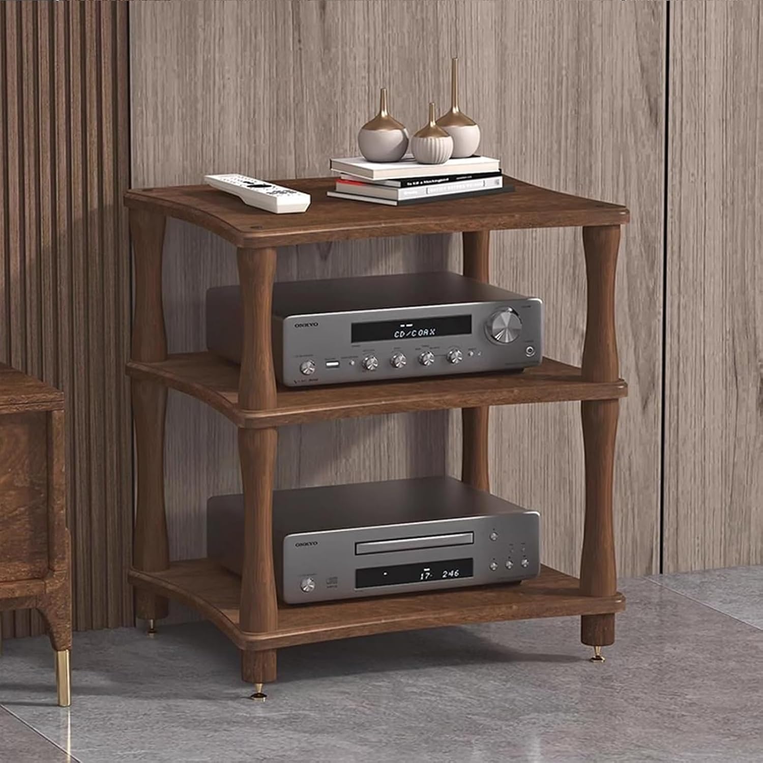 HOFSSI 3 -Tier AV Component Media Stand Audio/Video Component Cabinet Open Multi-Function Storage Shelves with Wooden Shelf for TV, Stereo Equipments, Gaming Consoles, Streaming Devices(B)