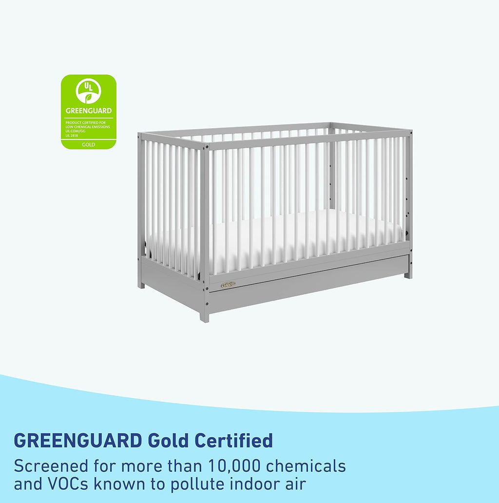 Graco Teddi 5-in-1 Convertible Crib with Drawer – GREENGUARD Gold Certified, Full-Size Nursery Storage Drawer, Baby Crib Converts to Toddler Bed, Daybed and Full-Size Bed (Pebble Gray and White)