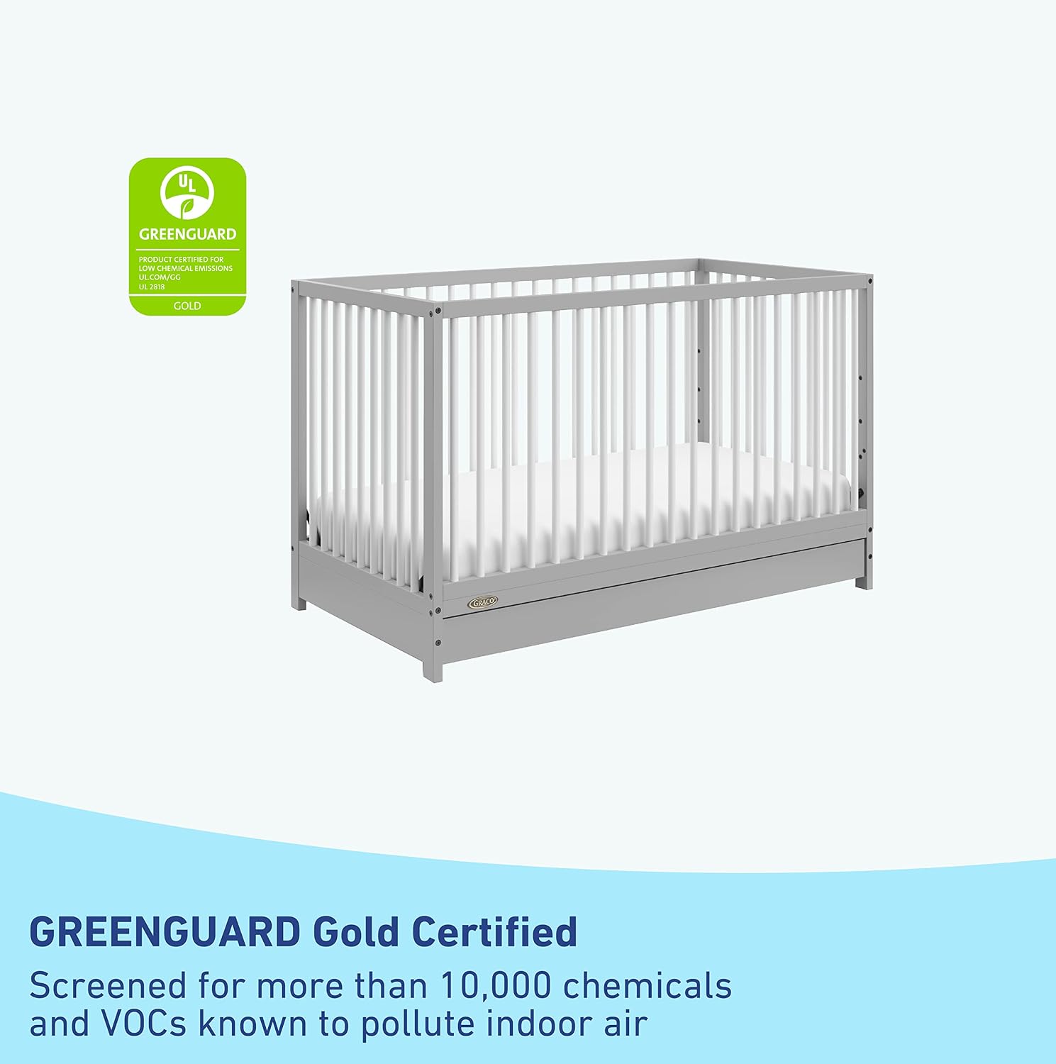 Graco Teddi 5-in-1 Convertible Crib with Drawer – GREENGUARD Gold Certified, Full-Size Nursery Storage Drawer, Baby Crib Converts to Toddler Bed, Daybed and Full-Size Bed (Pebble Gray and White)