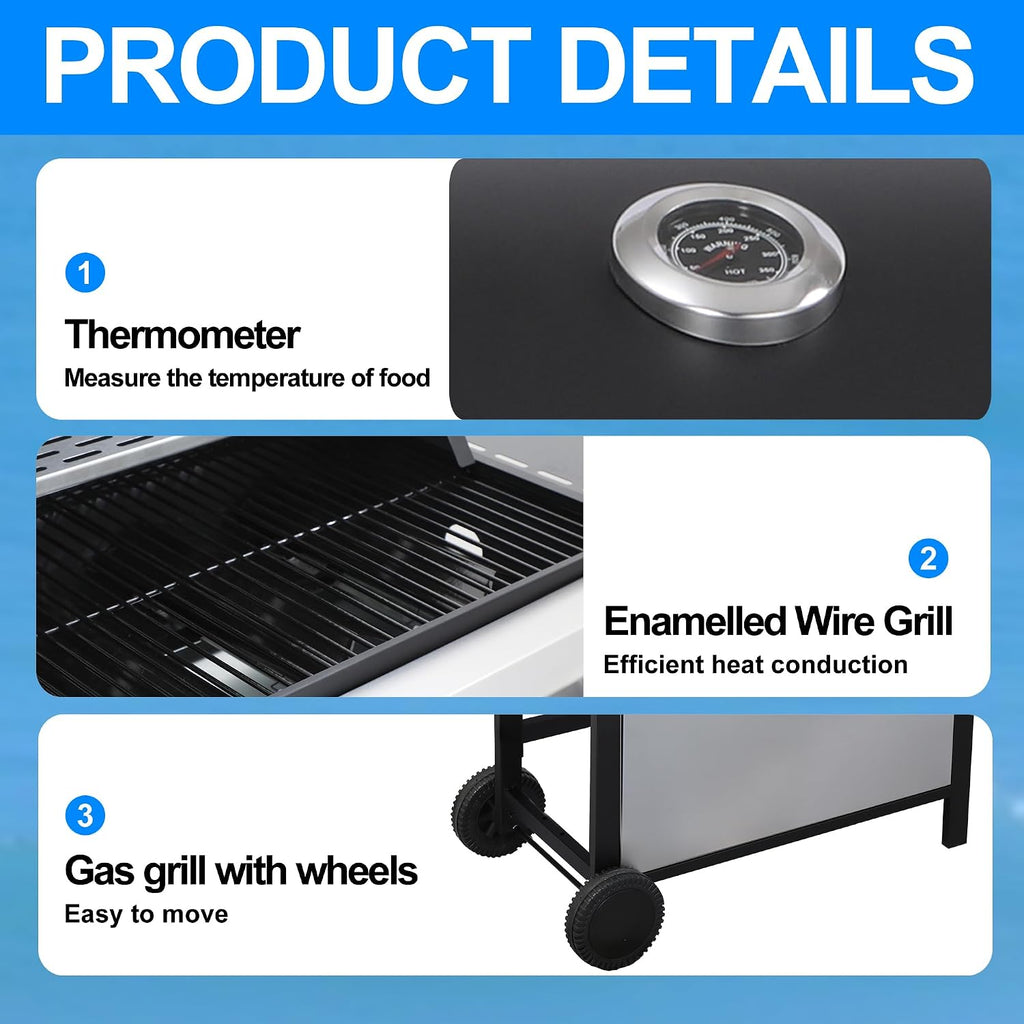 4-Burner Propane Gas Grill, Stainless Steel Control Panel, Easy Ignition, Temperature Gauge, 2-Enameled Cooking Grids, Portable With Wheels For 34,200 BTU Outdoor Barbecue BBQ Grill