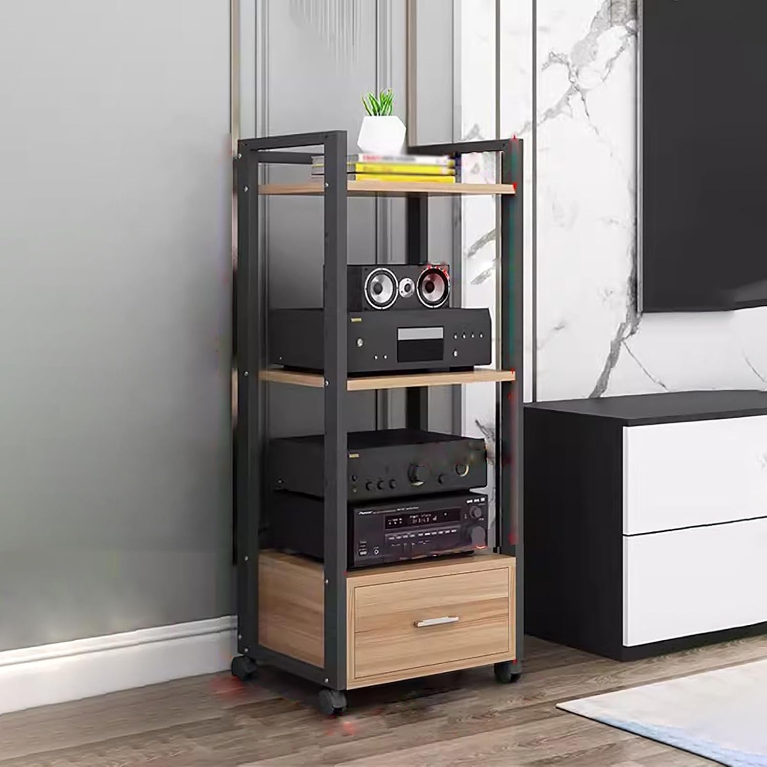 AV Media Stand Corner Shelf - Rack Audio Tower with Adjustable Shelves - 79 100 120cm Tall Shelf Stand with Wheels - Audio Equipment Rolling Cart Rack Portable for Home, 3 Tiers-120cm Tall