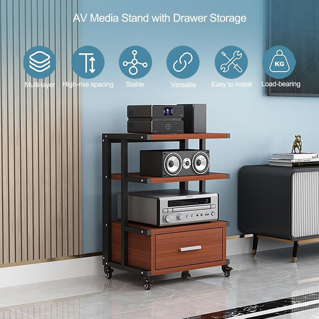 Media Storage Cabinet AV Media Stand 3-Tier Audio Component Rack, Corner Entertainment Center Equipment Console Shelf Thickened Steel Pipe, for Meeting Living(Red)