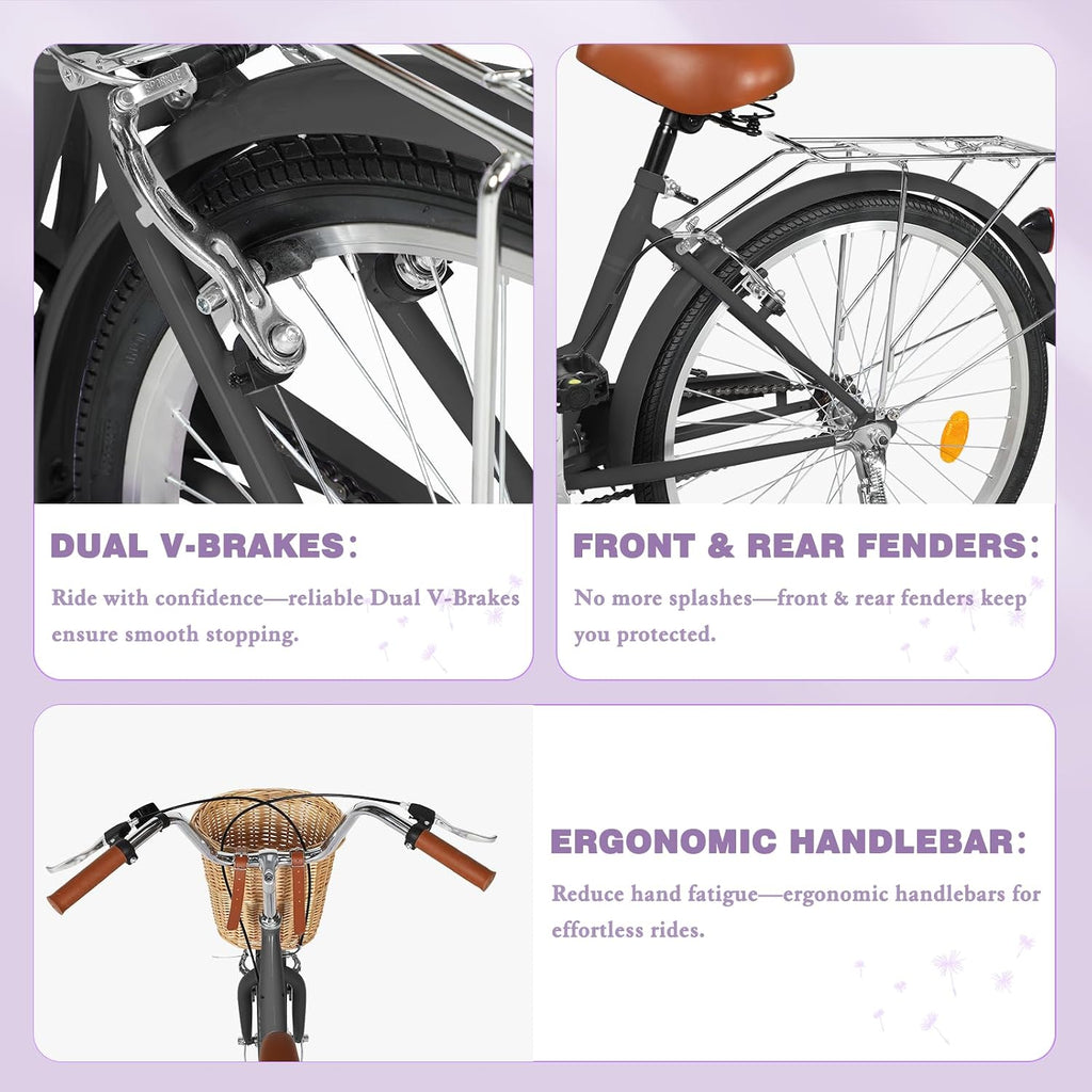 Max4out Women Bike Beach Cruiser Bike for Adult, 24 & 26 Inch Comfort Bikes with Rattan Front Basket, Womens Bicycle with Adjustable Seat and Dual V-Brake (Pink & White & Green & Purple & Black)