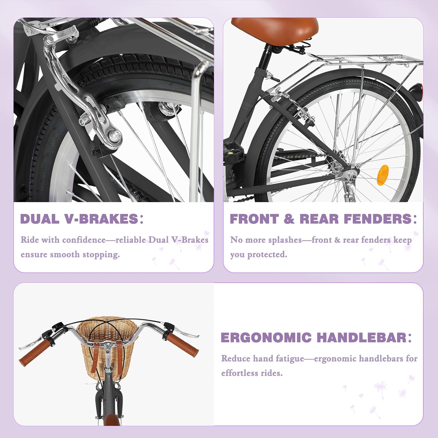 Max4out Women Bike Beach Cruiser Bike for Adult, 24 & 26 Inch Comfort Bikes with Rattan Front Basket, Womens Bicycle with Adjustable Seat and Dual V-Brake (Pink & White & Green & Purple & Black)