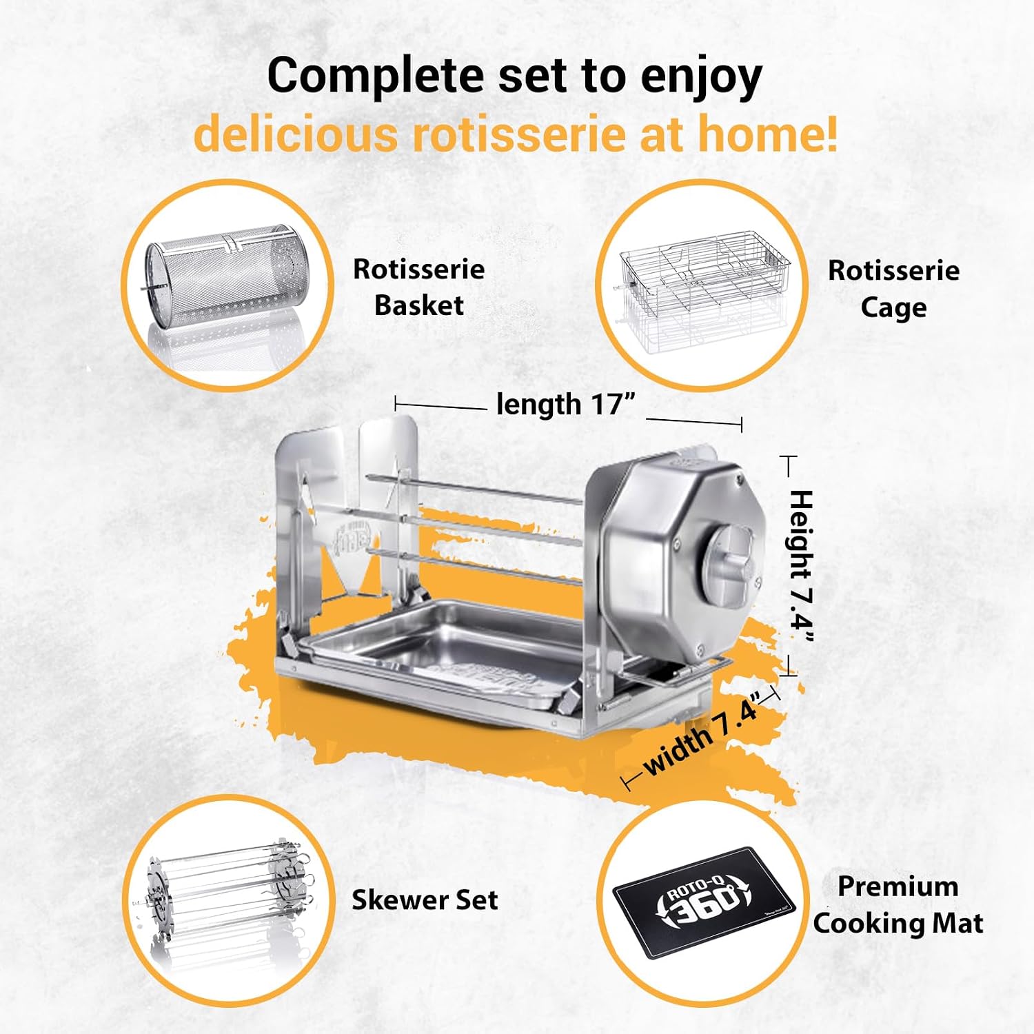 ROTO-Q 360 Family Rotisserie Kit – Non-Electric Wind-Up Spit Roaster with Tumble Basket, Flat Cage, Skewer Set & Mat for Grill, Oven, Smoker, Portable BBQ Cooking, Tailgating, or Camping Use