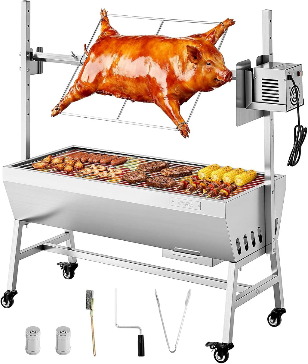 VEVOR Rotisserie Grill, 37in BBQ Outdoor Pig & Lamb Spit Roaster, Charcoal Spit Roaster with 132 LBS Capacity, Wheels, 7-Level Height, Stainless Steel Electric Rotisserie Grill Kit for Camping Outdoor
