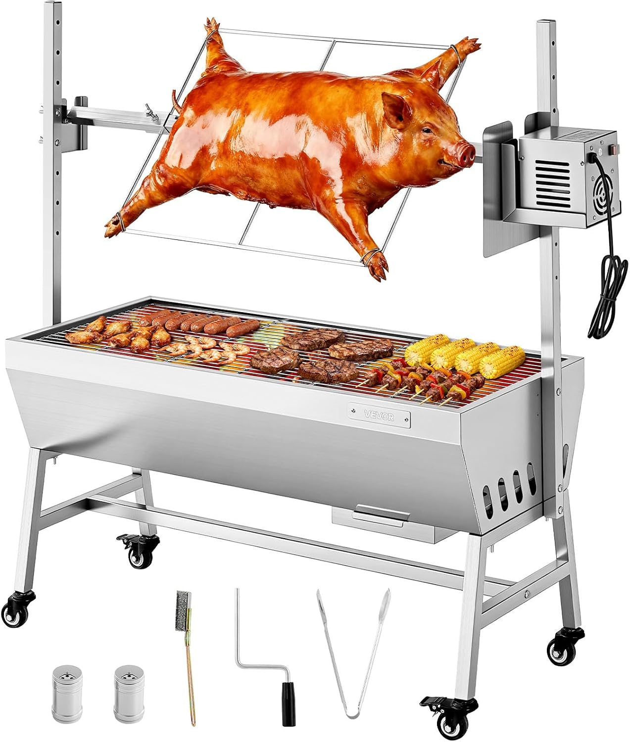 VEVOR Rotisserie Grill, 37in BBQ Outdoor Pig & Lamb Spit Roaster, Charcoal Spit Roaster with 132 LBS Capacity, Wheels, 7-Level Height, Stainless Steel Electric Rotisserie Grill Kit for Camping Outdoor