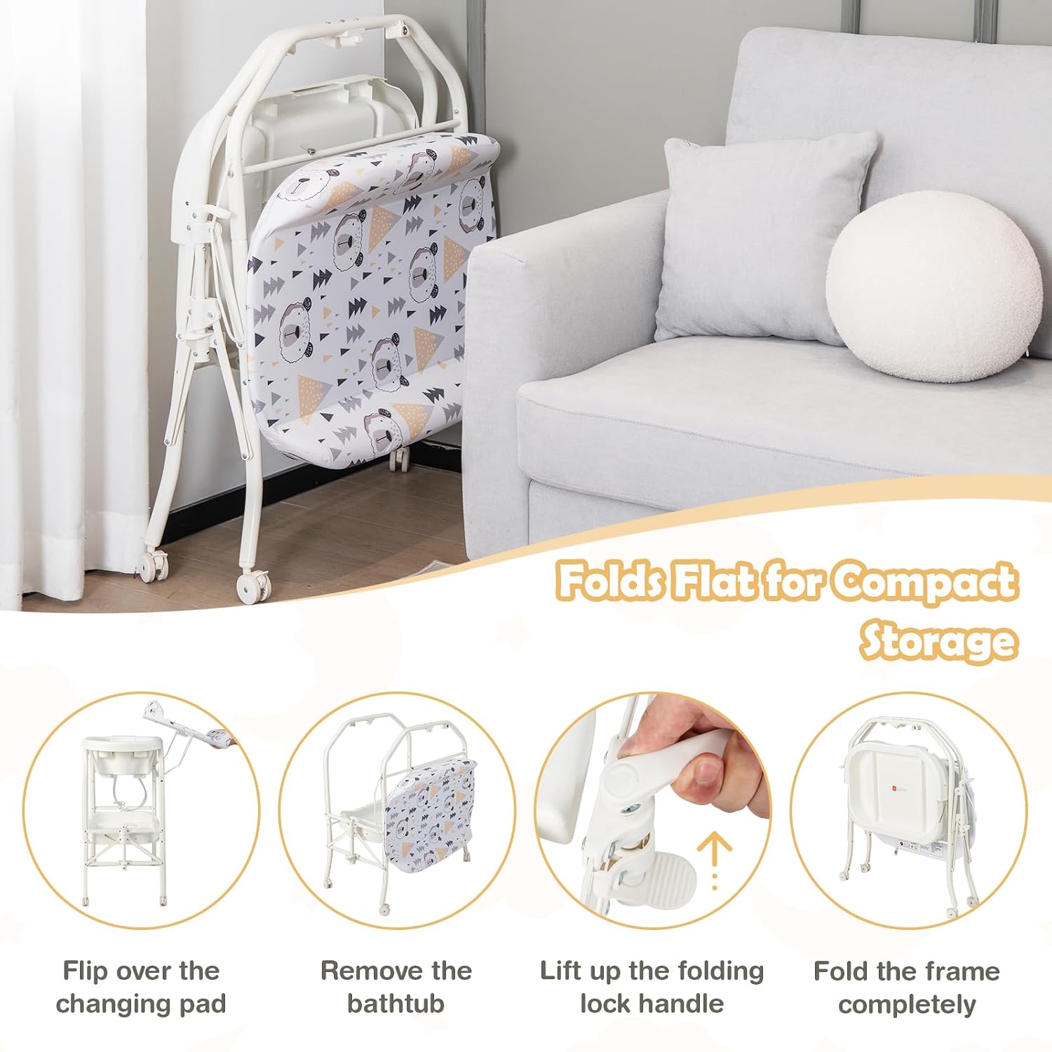 HONEY JOY 2-in-1 Baby Bathtub & Changing Table, Foldable Infant Diaper Changing Station with Wheels, Storage Tray, Waterproof Pad, Portable Newborn Nursery Organizer Bath Stand for Boys Girls (White)