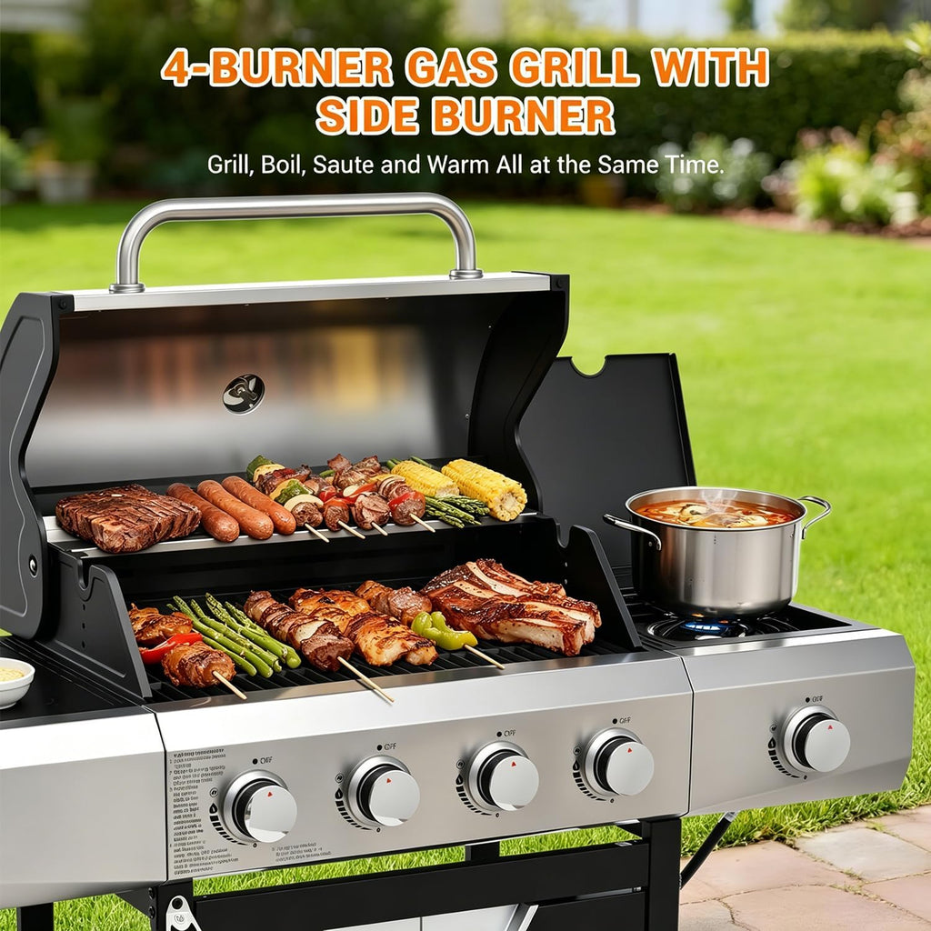 EUHOME Upgraded 51,000 BTU 4-Burner Propane Gas Grill with Side Burner – Large 452 sq.in Porcelain-Enameled Cast Iron Grates, Stainless Steel Body, 4 Swivel Casters for Backyard Patio & Tailgating