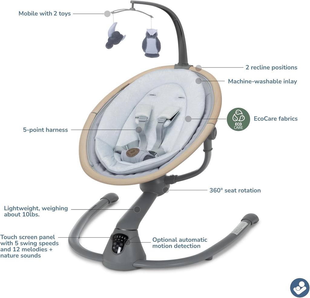 Maxi-Cosi Cassia Smart Baby Swing for Infants, Portable Foldable Swing with Music, 360 Rotation, 5 Speeds, 12 Melodies, EcoCare Fabric, Auto Motion Sensor, 2 Reclines, Classic Slate