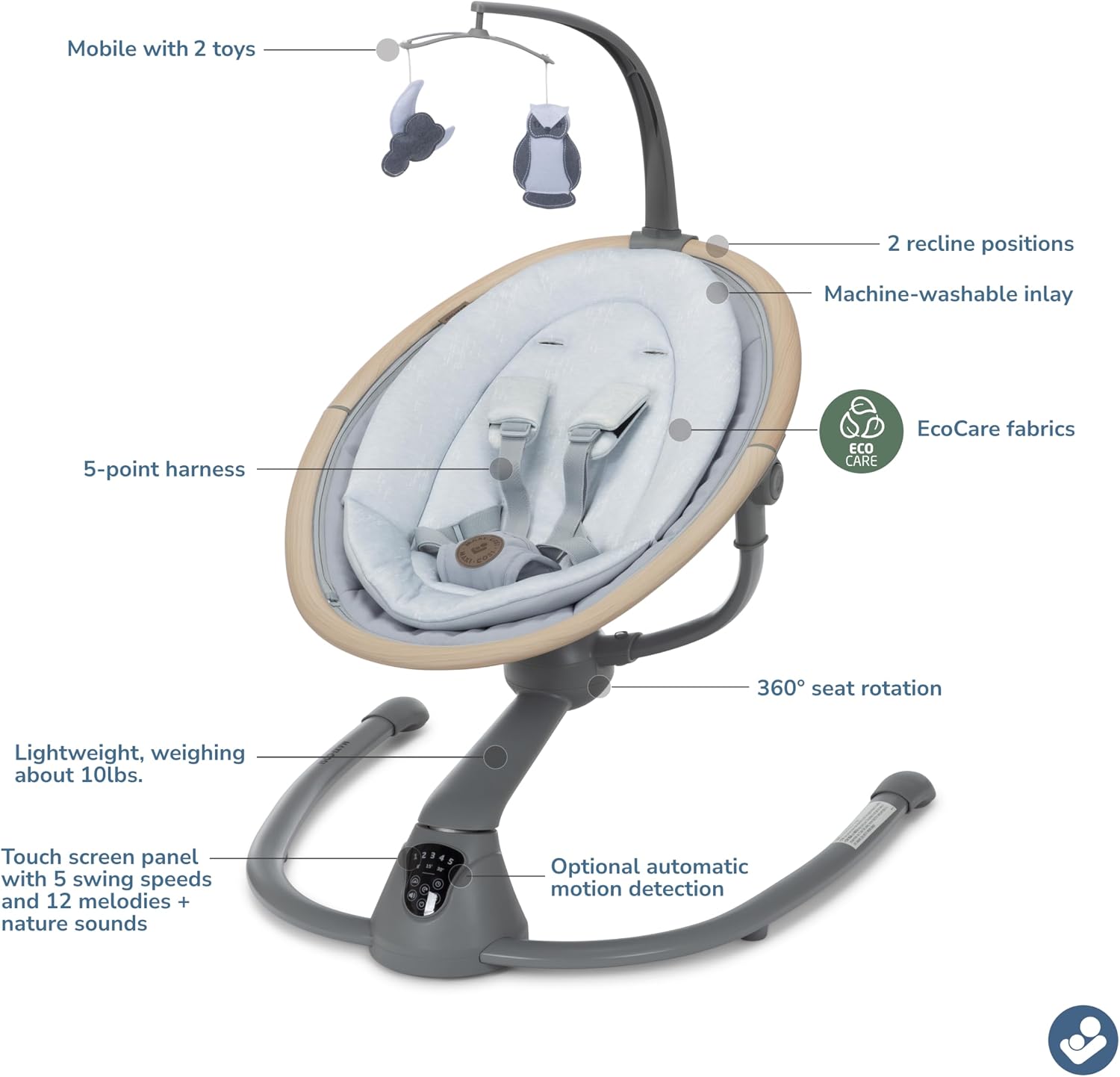 Maxi-Cosi Cassia Smart Baby Swing for Infants, Portable Foldable Swing with Music, 360 Rotation, 5 Speeds, 12 Melodies, EcoCare Fabric, Auto Motion Sensor, 2 Reclines, Classic Slate