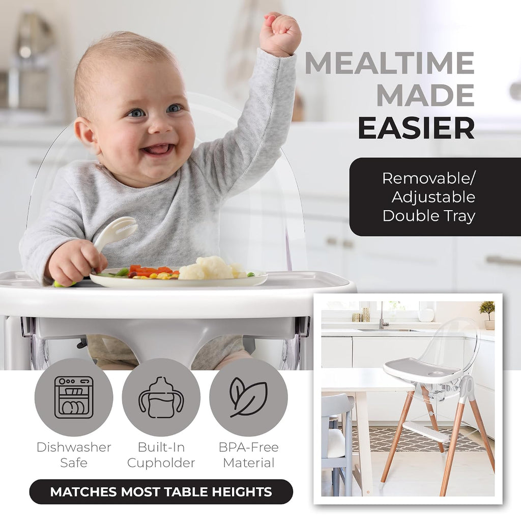 6 in 1 Deluxe Wooden High Chair for Babies & Toddlers, Modern Safe & Compact Baby Highchair, Easy to Clean & Assemble, Removable Tray, 6 Options 3 Seat Positions 2 Heights (Clear)