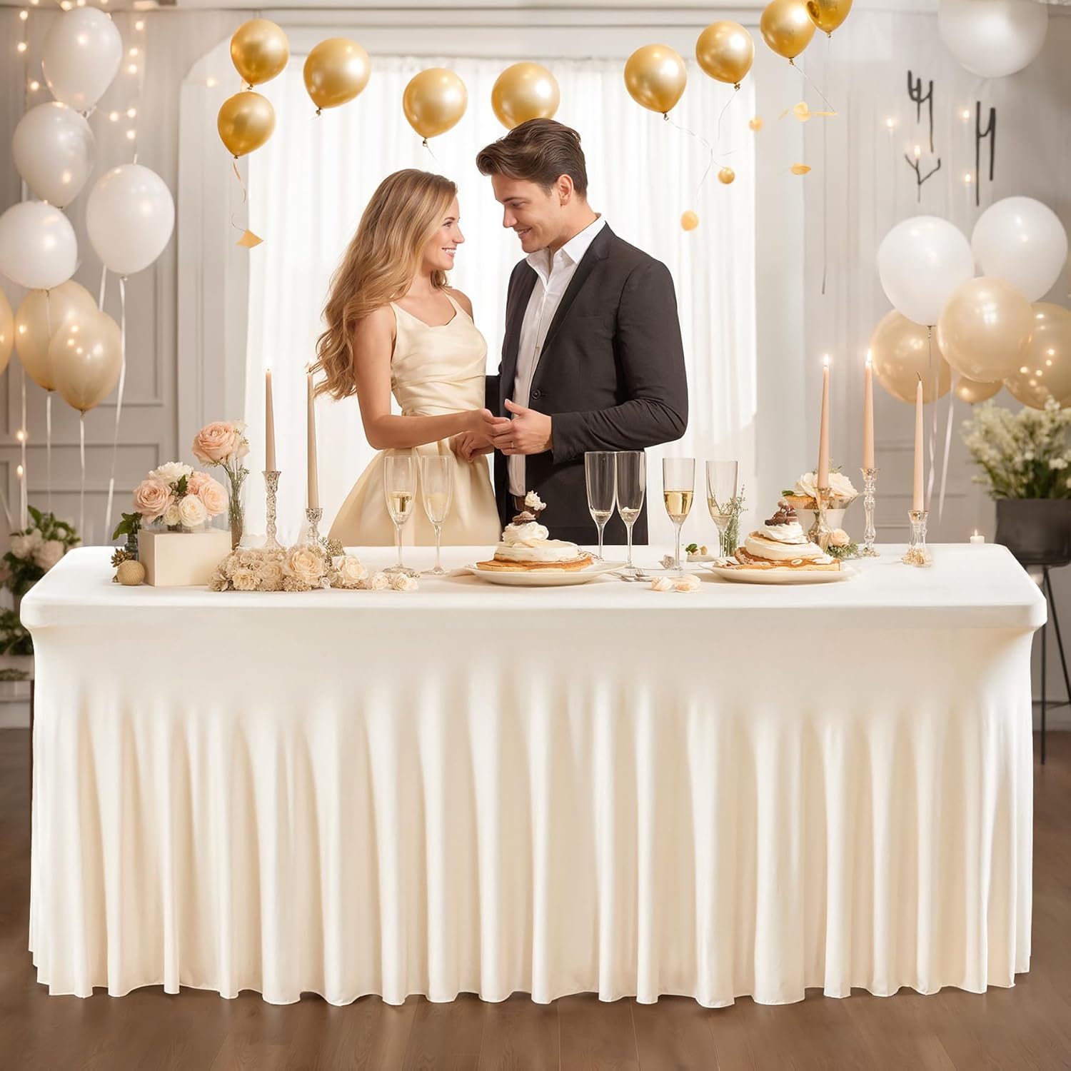 PARTISKY 6 Pack Ivory Spandex Table Cloths for Rectangle Tables 8ft, Ivory Table Skirt for Party, Table Cover with Skirt for Wedding Folding Table Banquet Baby Shower & Birthday Parties