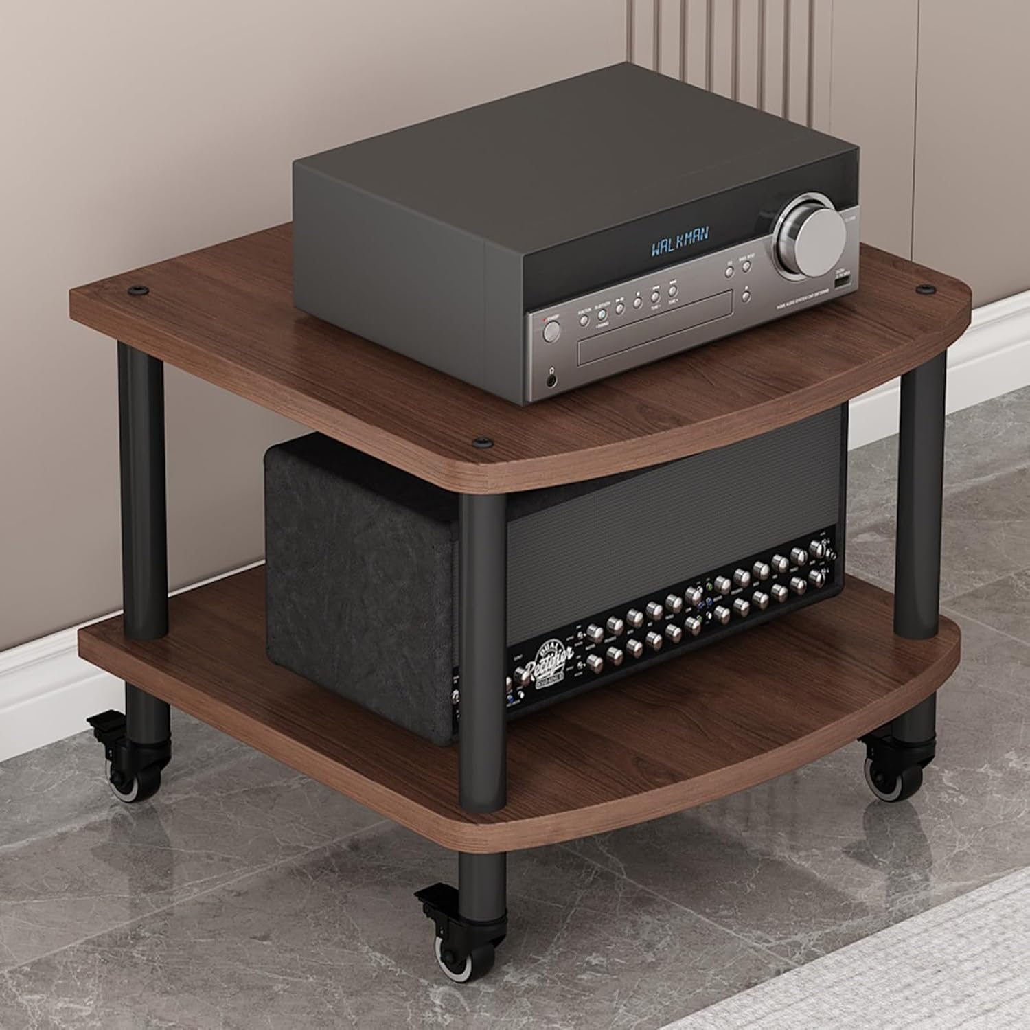 2/3/4/5-Tier Movable AV Media Stand with Wheels, Audio Rack Tower, TV Game Console Equipment Shelf, CD Record Player Stereo Component Cabinet for Home/Office/Theater(Walnut,2 Tier)