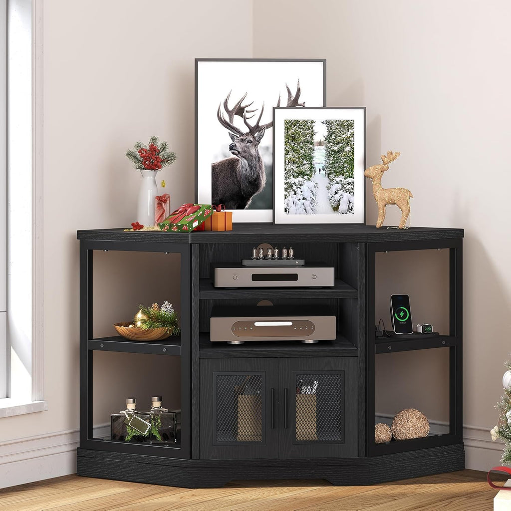 YITAHOME Corner TV Stand for TVs up to 50 Inch with Power Outlet, Modern Farmhouse Entertainment Center, Wood TV Media Console with Storage Cabinets Shelves for Living Room, 47' Black