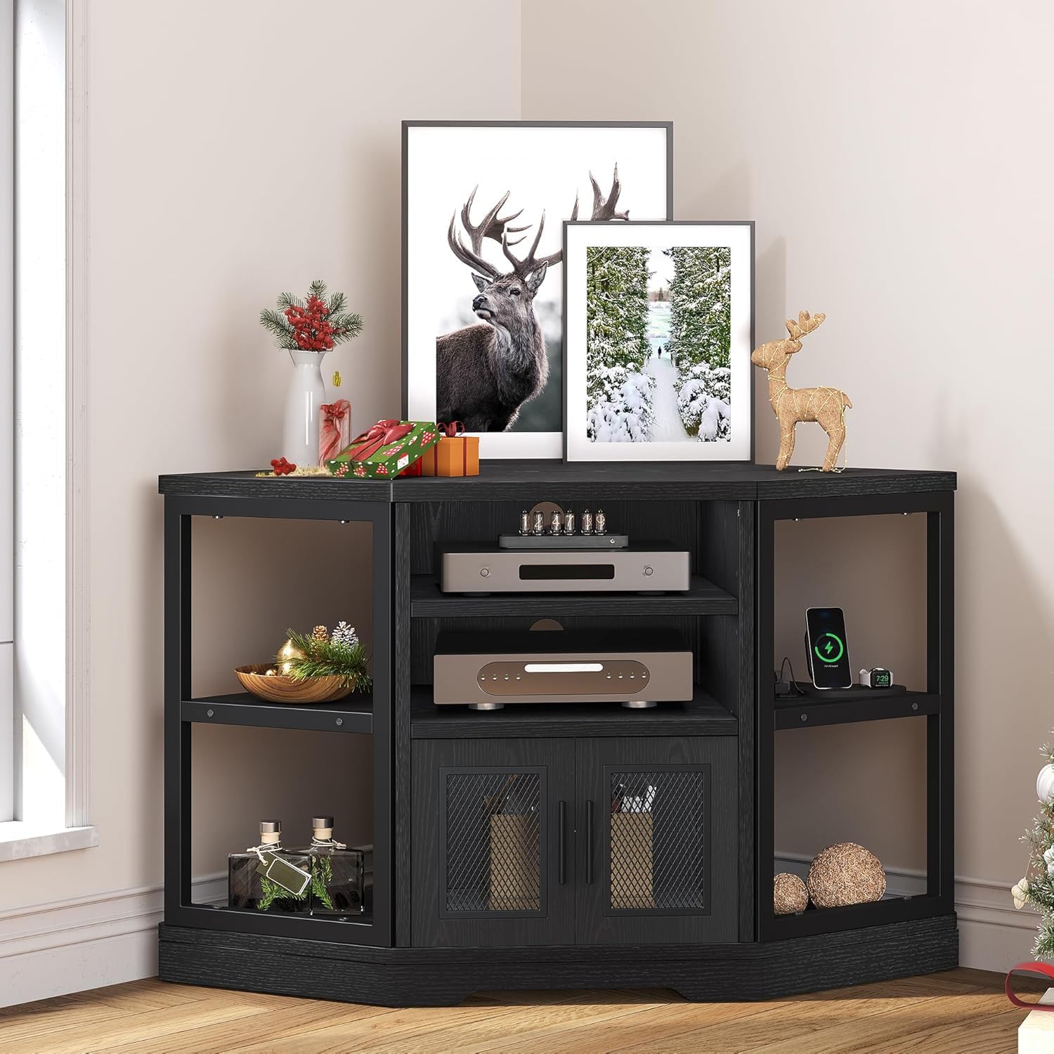 YITAHOME Corner TV Stand for TVs up to 50 Inch with Power Outlet, Modern Farmhouse Entertainment Center, Wood TV Media Console with Storage Cabinets Shelves for Living Room, 47' Black