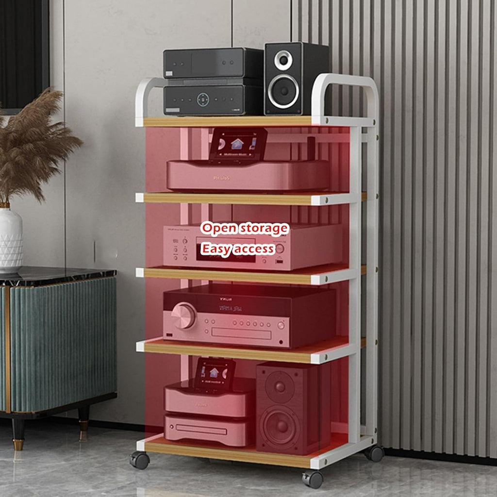 Heavy Duty Wooden Av Media Stand/Hi-fi Rack AudioTower W/Wheels, 5 Tier Audio Rack, for Vocals/Record Player/Stereo Receiver, Electronics Equipment Shelf