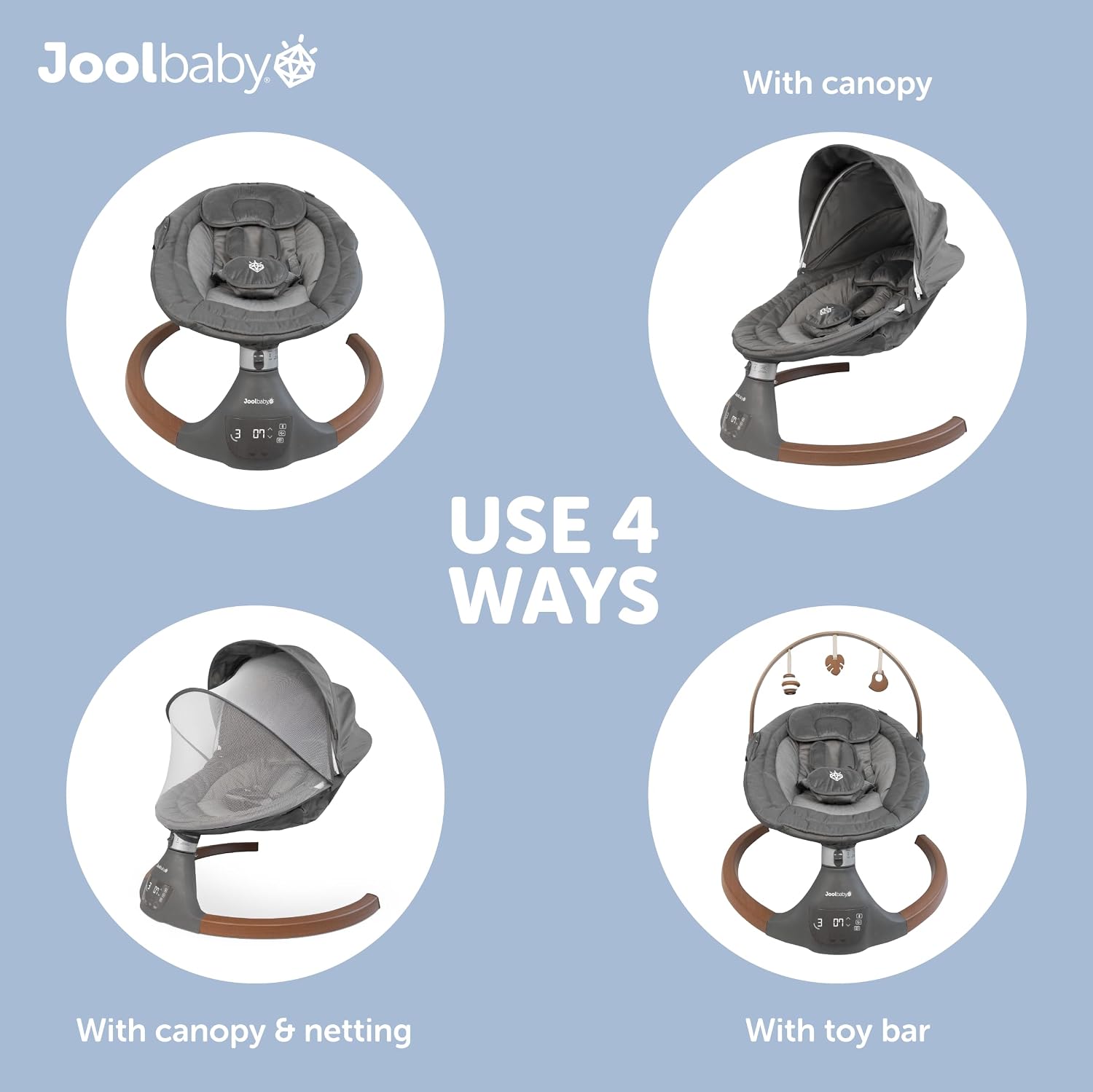 Jool Baby Nova Nature Baby Swing for Newborns with Natural Wood Toys, Electric Motorized Infant Swing, Bluetooth Music, Remote (Slate)