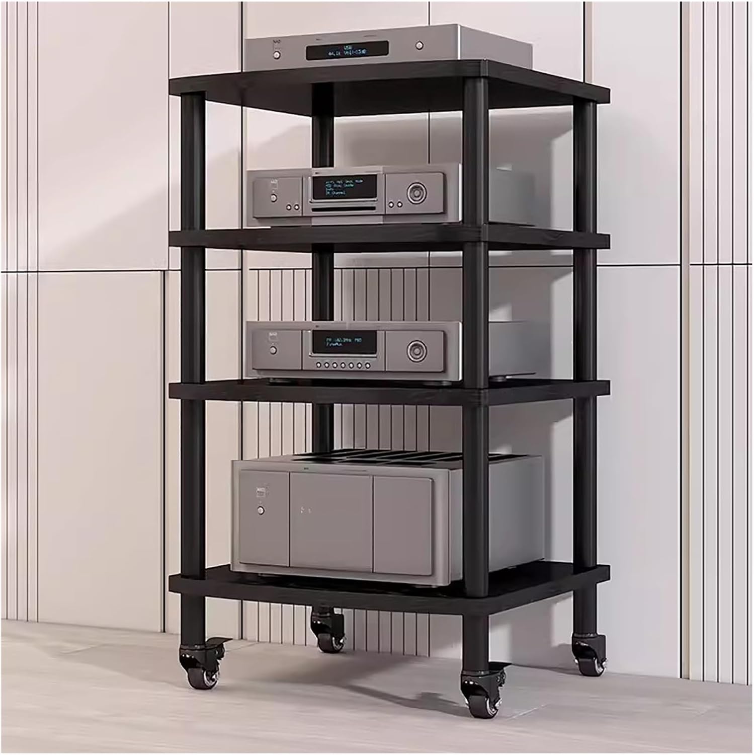 4 Shelf Rolling Stereo Racks with Wheels Media Stand Audio/Video Component Cabinet, Home Modern HiFi Rack Electronics Equipment Shelfs, Black