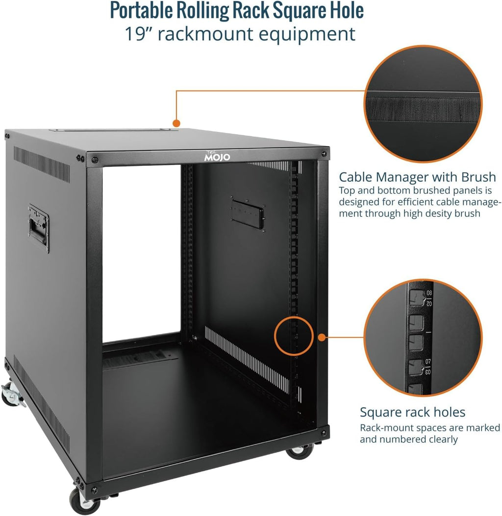 Tecmojo 12U Portable Rolling Network Rack, 4-Post Mobile Open Frame Server Rack with Wheels, Free Standing Server Cabinet for Computer/Data/AV/IT Equipment/Network Equipment