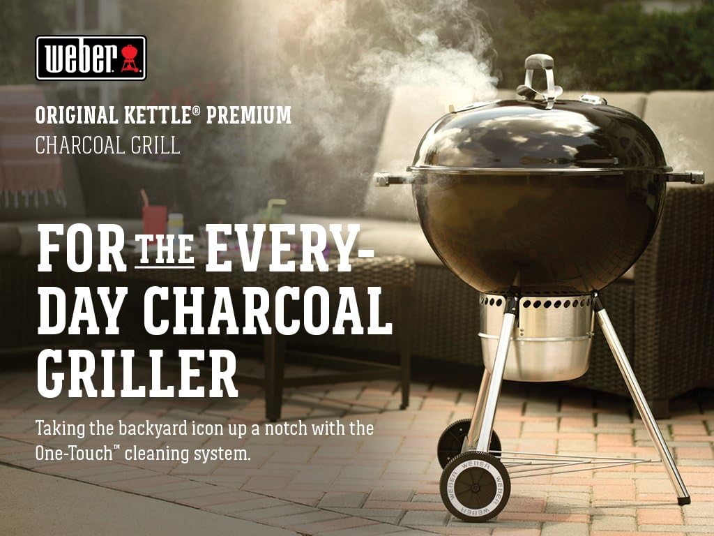 Weber Original Kettle Premium Charcoal Grill, 22-Inch, Black – Outdoor BBQ Grill with Built‑In Thermometer, Heat Control Dampers & One‑Touch™ Cleaning System