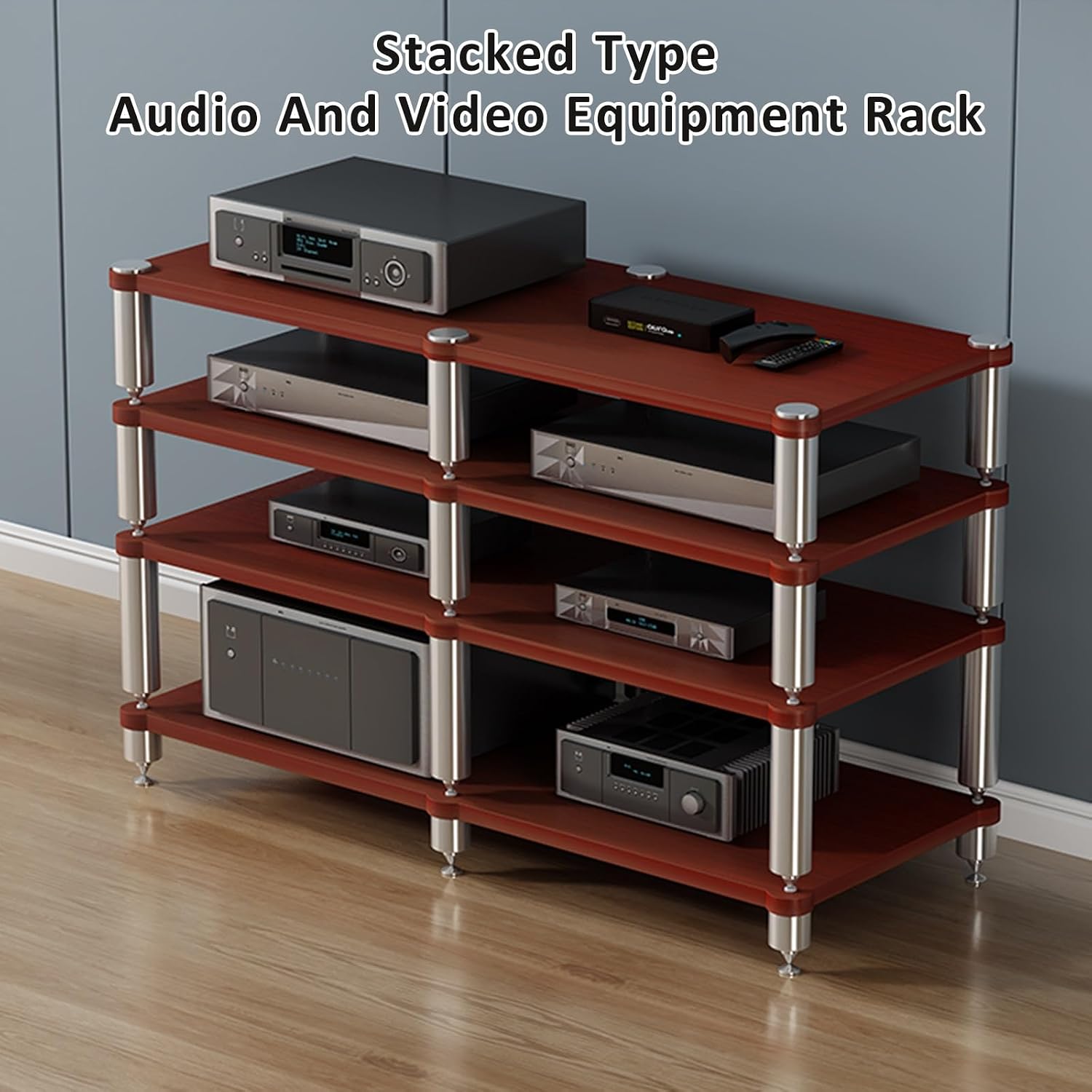 Media Storage Cabinet - 4-Tier Stereo Rack, Corner AV Stand for Audio/Video Components, Movable Entertainment Center, Video Game Console Shelf (Dark Finish)