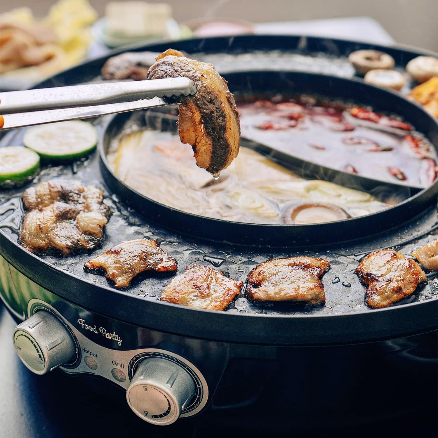 Food Party Hot Pot Electric Korean BBQ Grill 2 in 1 Hotpot Smokeless Indoor Grill Removable Cooking Plate Easy Cleaning 110V 1800W Shabu Shabu Pot with Divider