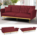 70' Velvet Futon Sofa Bed with 2 Pillows and Adjustable Armrests, Convertible Sleeper Bed W/Adjustable Backrests, Modern Loveseat for Living Room, Bedroom, Red