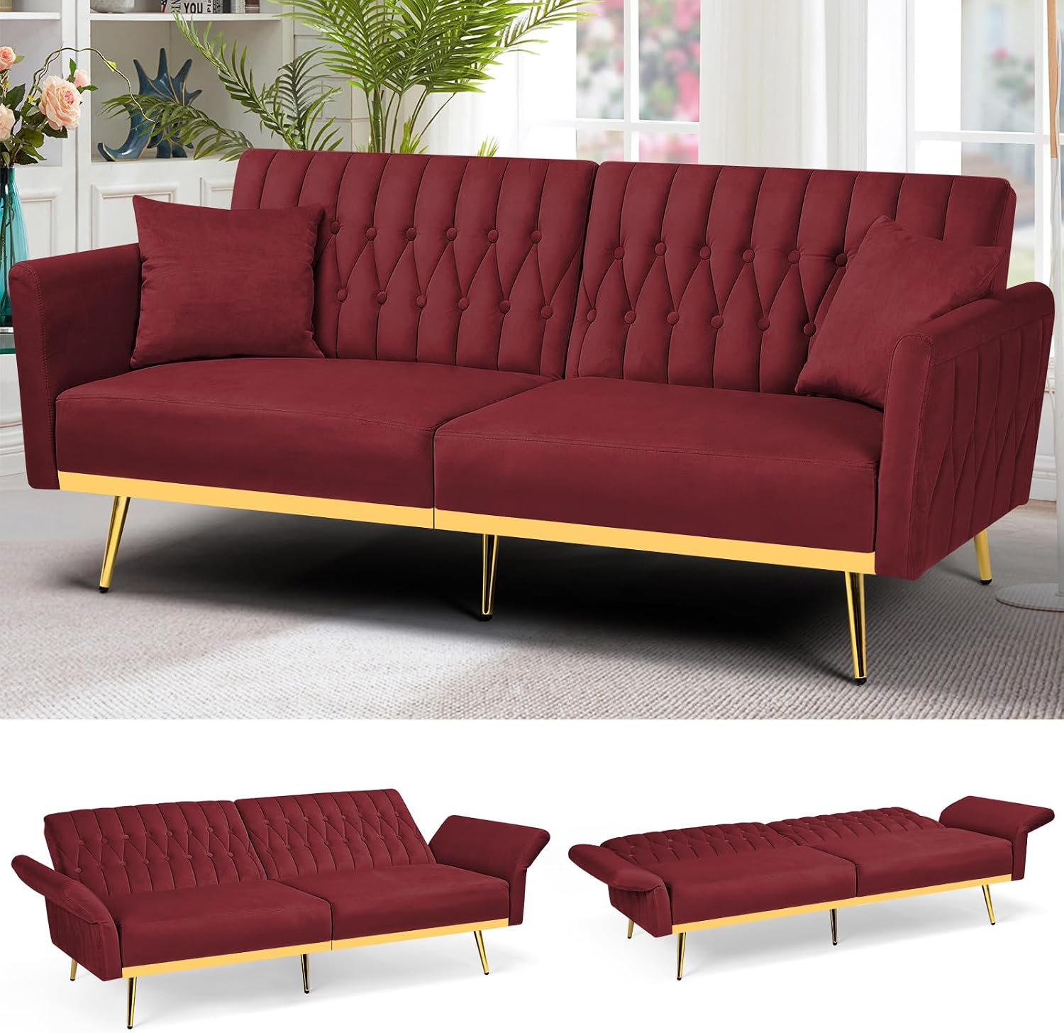 70' Velvet Futon Sofa Bed with 2 Pillows and Adjustable Armrests, Convertible Sleeper Bed W/Adjustable Backrests, Modern Loveseat for Living Room, Bedroom, Red