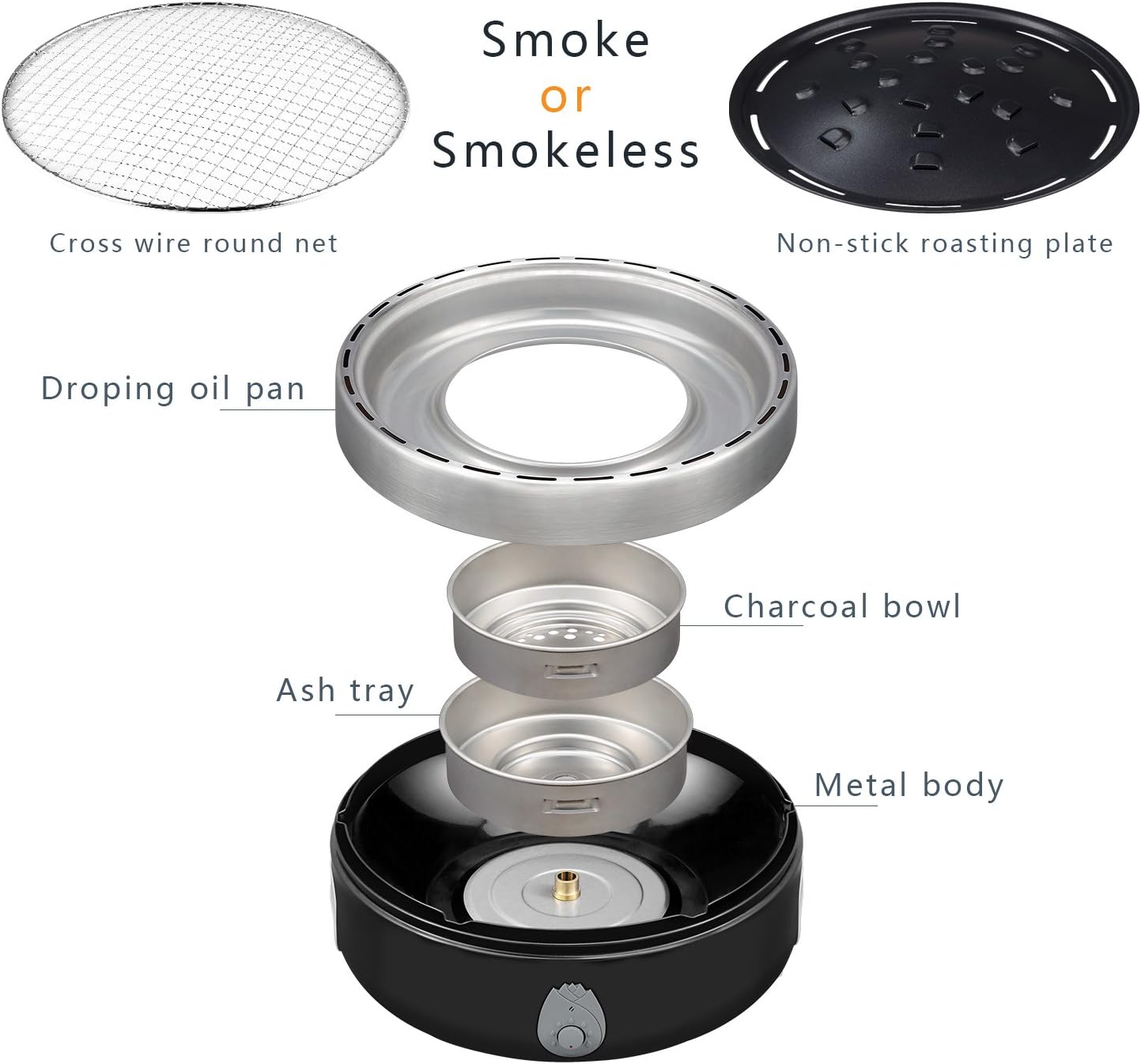 Portable Charcoal Outdoor BBQ Grill For Camping With Travel Bag - Small Tabletop Smoke ＆ Smokeless Pan Optional - Built In Electric Fan Power Supplied By Battery Charger Or Power Bank. (Luxury Black)